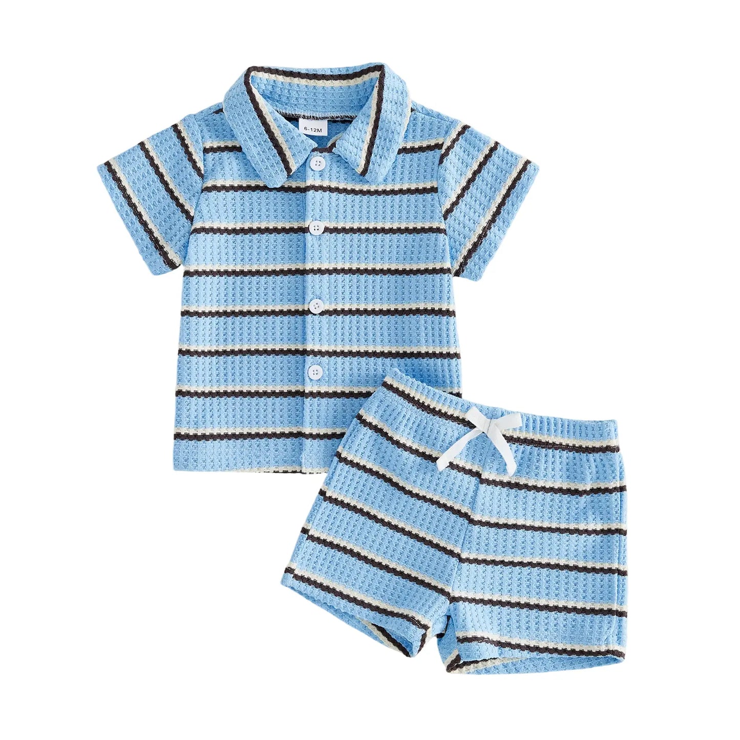 Kupretty Toddler Baby Boy Outfit Striped/Solid Collar Lapel Collar Short Sleeve T Shirt Elastic Waist Shorts Set Summer Clothes