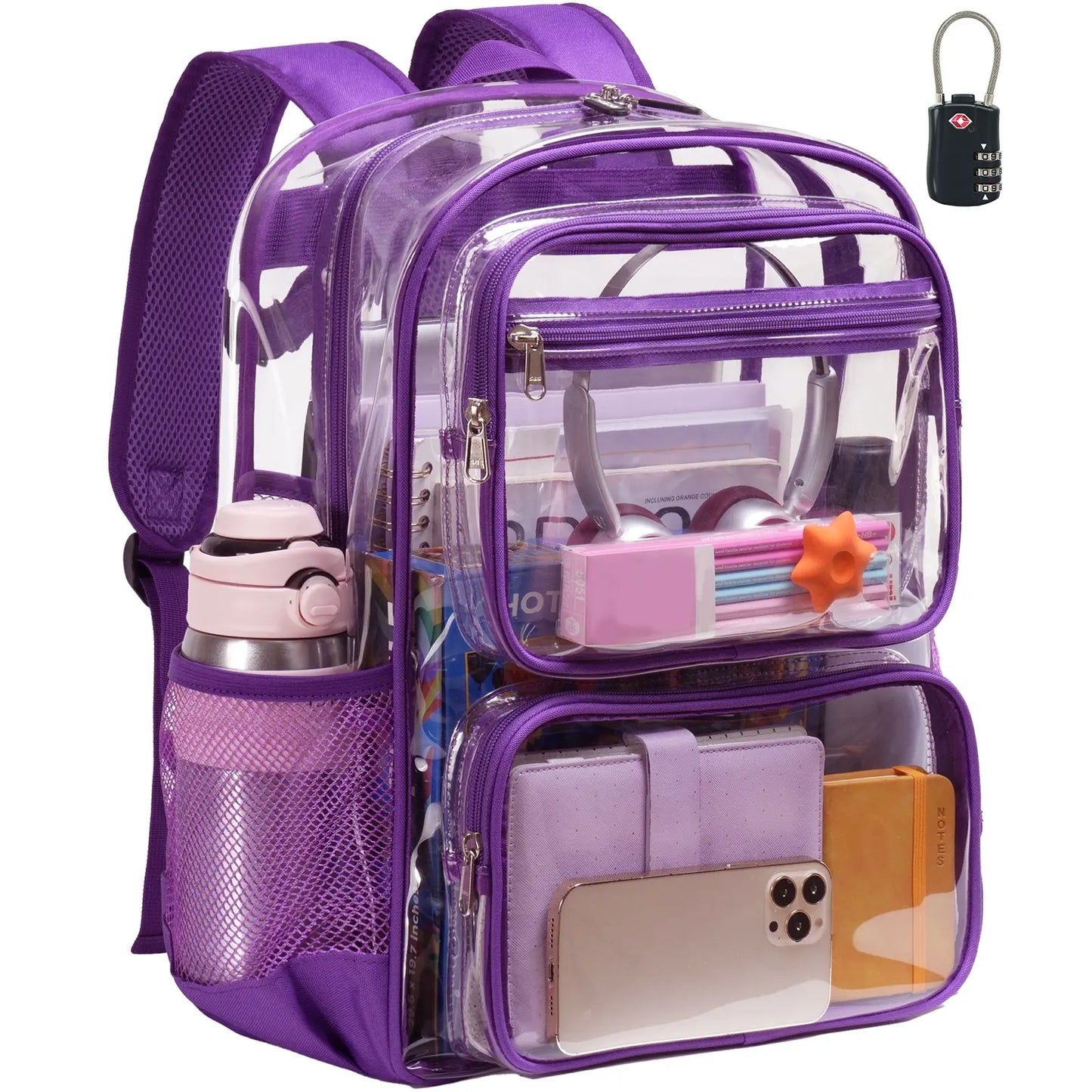 Vorspack Clear Backpack with TSA Lock, Large Clear Bookbag, Black | Heavy Duty See through Backpacks, with Laptop Pocket, 2-Way Zipper, Transparent Clear Bag for School, Work, Travel, Security