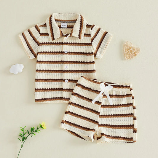 Kupretty Toddler Baby Boy Outfit Striped/Solid Collar Lapel Collar Short Sleeve T Shirt Elastic Waist Shorts Set Summer Clothes