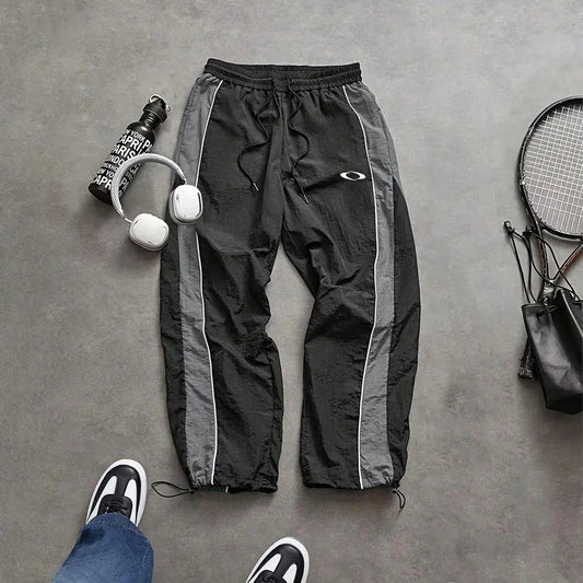 Men'S Casual Streetwear Contrast Color Sporty Long Pants, Windbreaker Pants ,Loose Fit Drawstring Cuff, Fashionable Print, Lightweight Fabric, Athleisure Style Bottoms Pantalones Para Hombre Pants for Men Cargo Pants for Men Pantalones De Trabajo Hombre O
