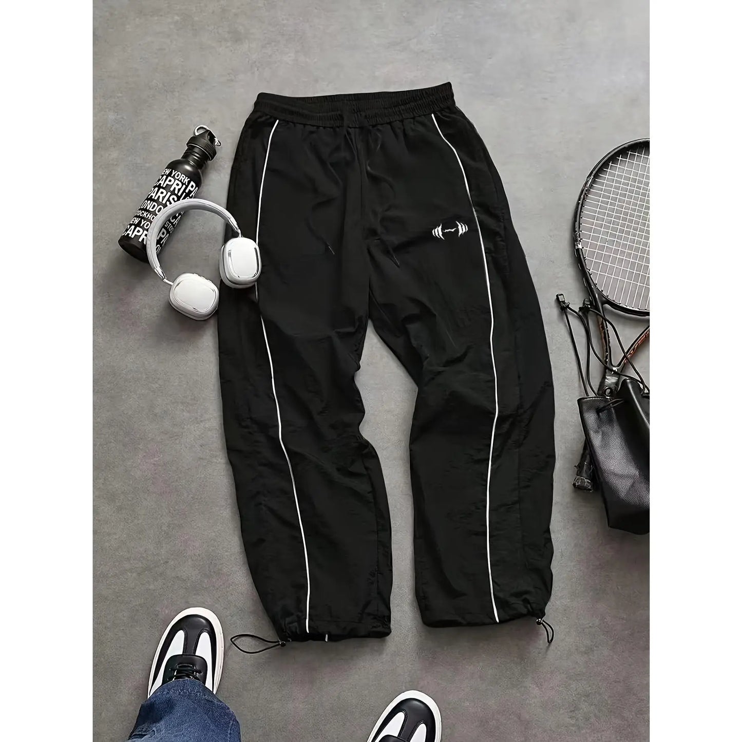 Men'S Casual Streetwear Contrast Color Sporty Long Pants, Windbreaker Pants ,Loose Fit Drawstring Cuff, Fashionable Print, Lightweight Fabric, Athleisure Style Bottoms Pantalones Para Hombre Pants for Men Cargo Pants for Men Pantalones De Trabajo Hombre O