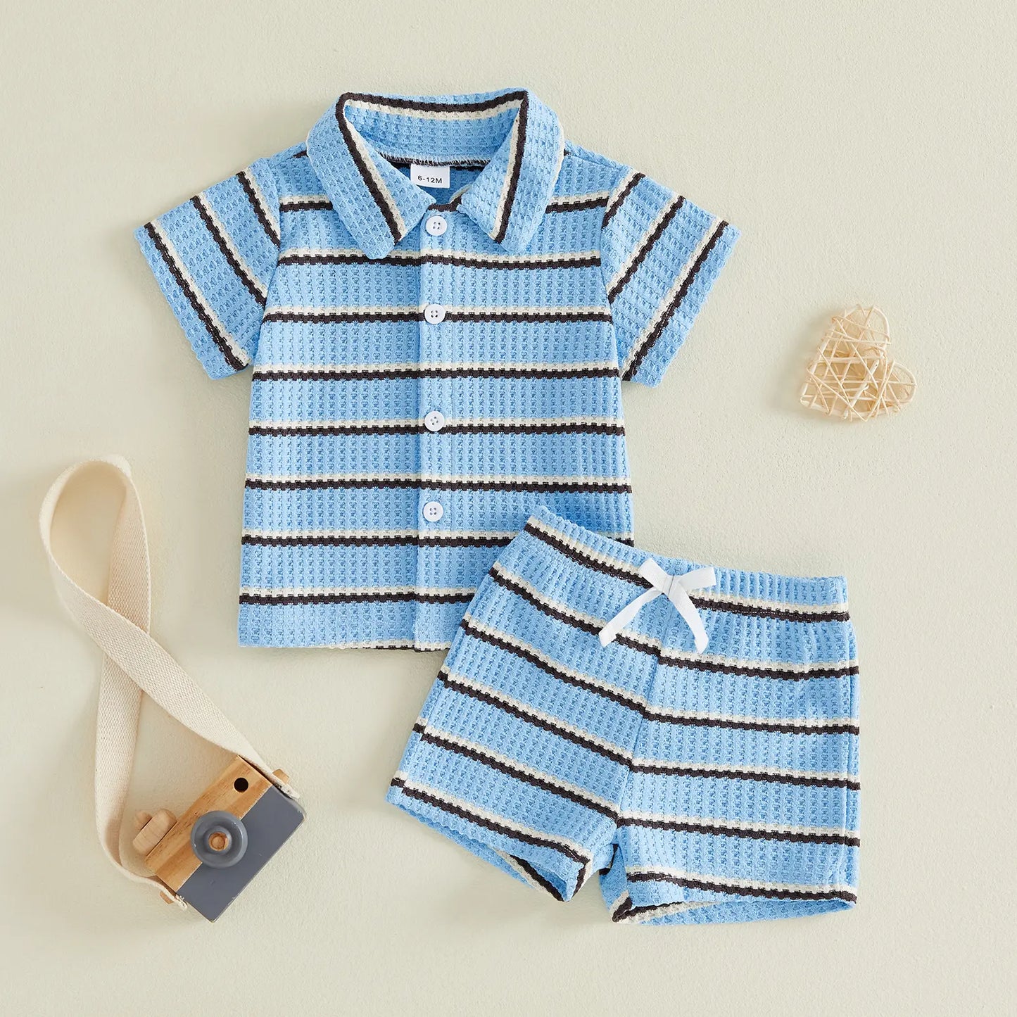 Kupretty Toddler Baby Boy Outfit Striped/Solid Collar Lapel Collar Short Sleeve T Shirt Elastic Waist Shorts Set Summer Clothes