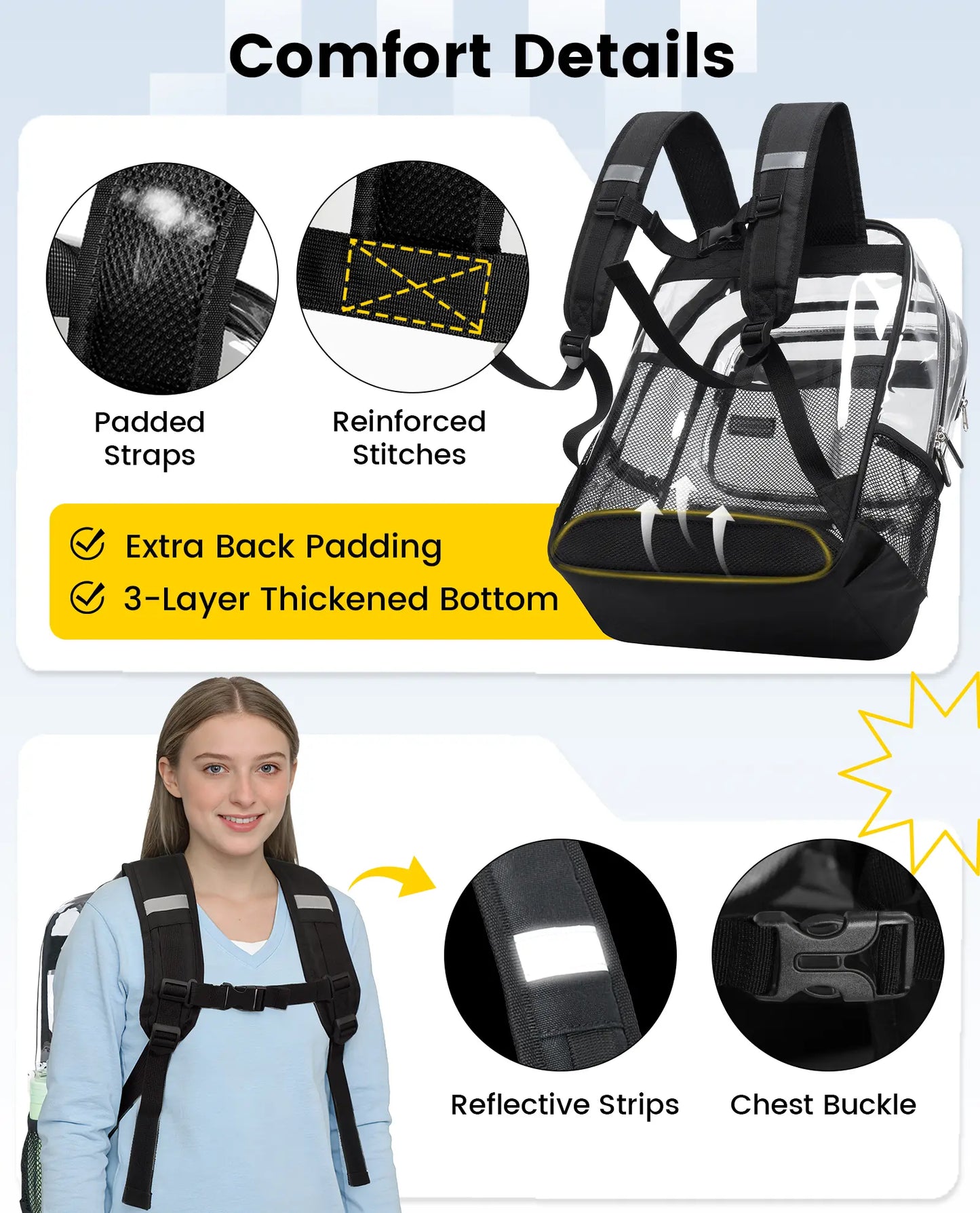 Vorspack Clear Backpack with TSA Lock, Large Clear Bookbag, Black | Heavy Duty See through Backpacks, with Laptop Pocket, 2-Way Zipper, Transparent Clear Bag for School, Work, Travel, Security
