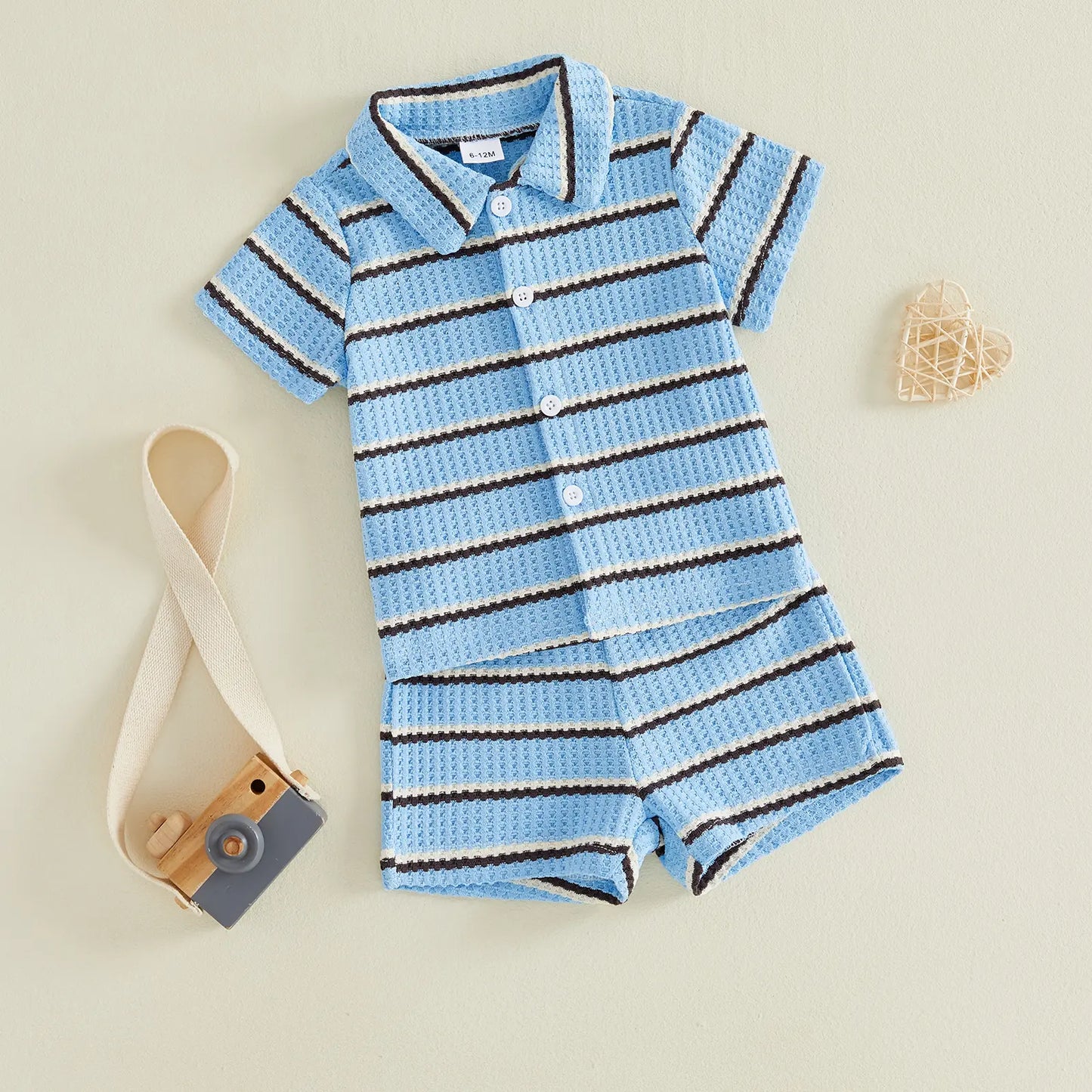 Kupretty Toddler Baby Boy Outfit Striped/Solid Collar Lapel Collar Short Sleeve T Shirt Elastic Waist Shorts Set Summer Clothes