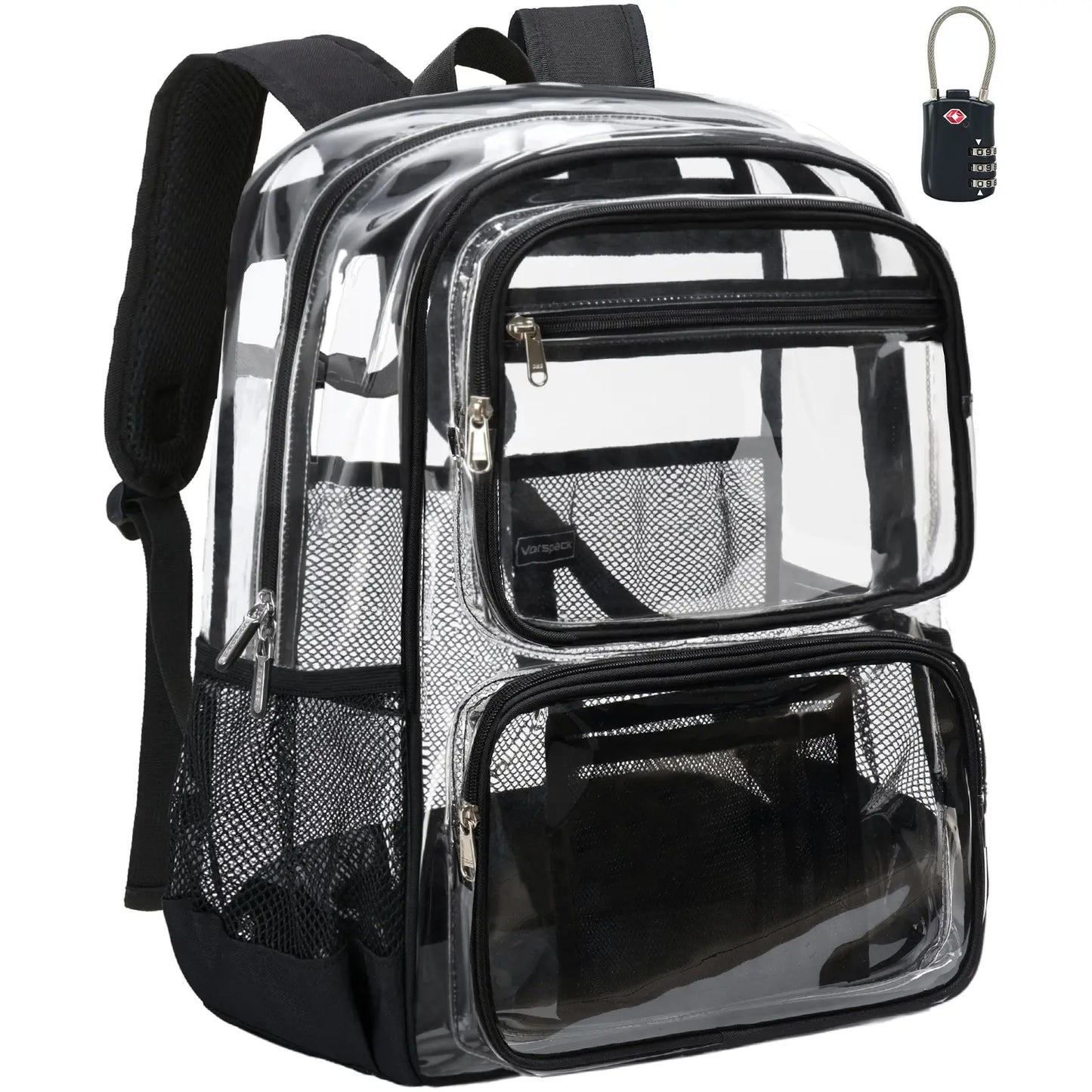 Vorspack Clear Backpack with TSA Lock, Large Clear Bookbag, Black | Heavy Duty See through Backpacks, with Laptop Pocket, 2-Way Zipper, Transparent Clear Bag for School, Work, Travel, Security