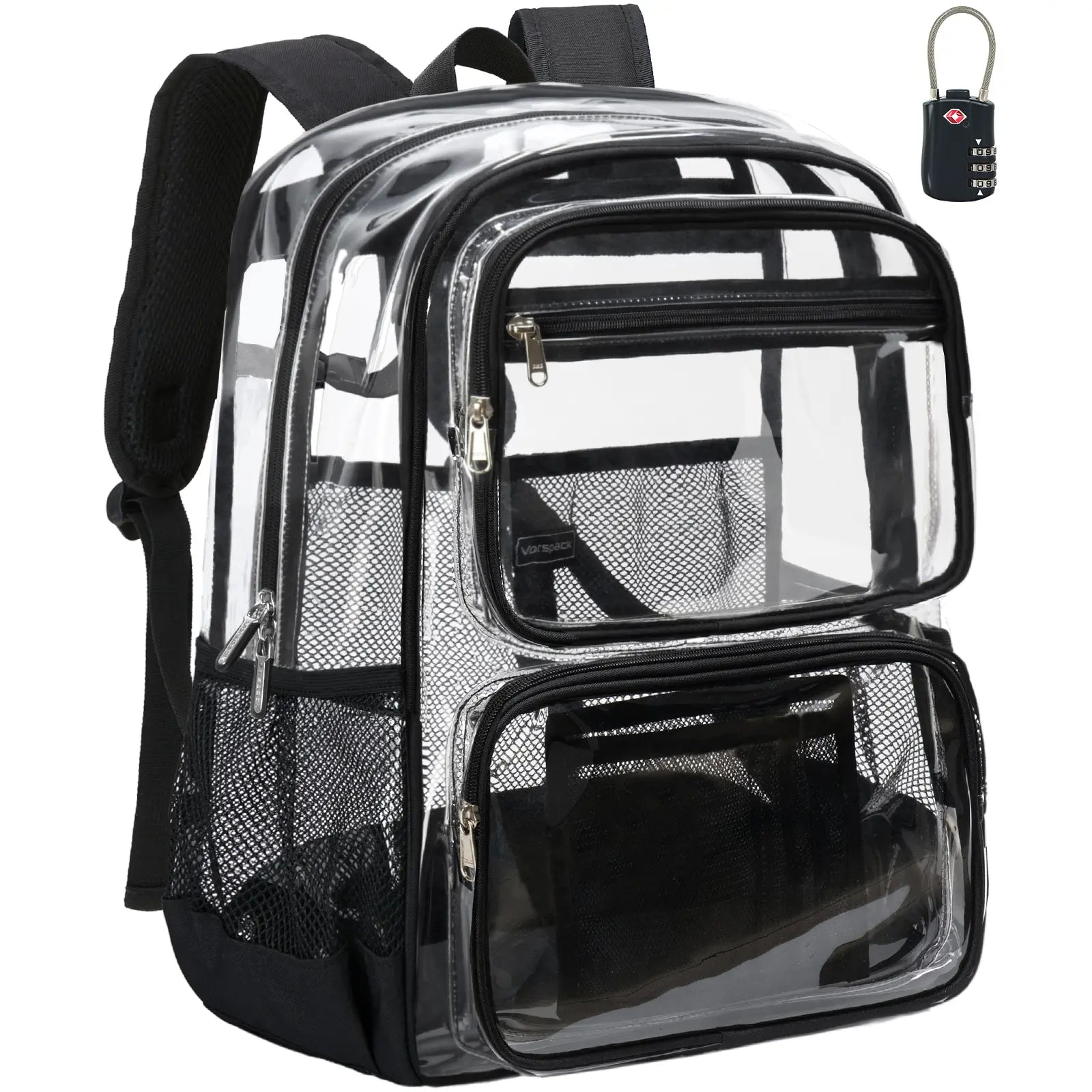 Vorspack Clear Backpack with TSA Lock, Large Clear Bookbag, Black | Heavy Duty See through Backpacks, with Laptop Pocket, 2-Way Zipper, Transparent Clear Bag for School, Work, Travel, Security
