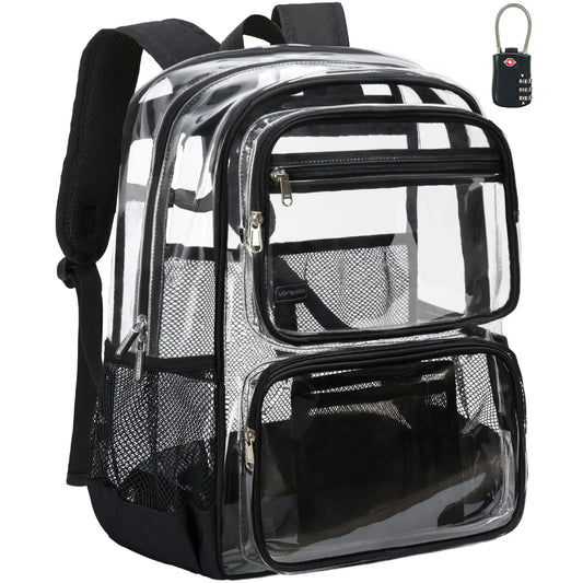 Vorspack Clear Backpack with TSA Lock, Large Clear Bookbag, Black | Heavy Duty See through Backpacks, with Laptop Pocket, 2-Way Zipper, Transparent Clear Bag for School, Work, Travel, Security