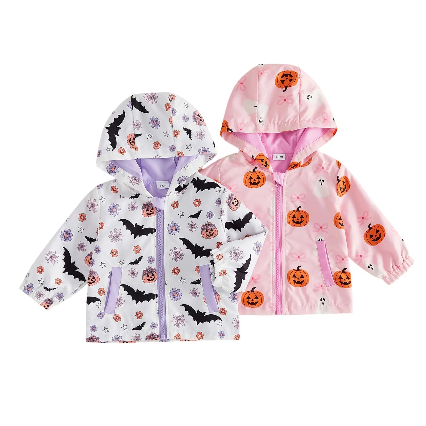 Toddler Baby Little Girl Halloween Jacket Pumpkin Ghost/Flower Bat Print Hooded Long Sleeve Coat Zipper Outerwear Fall 6M-4T