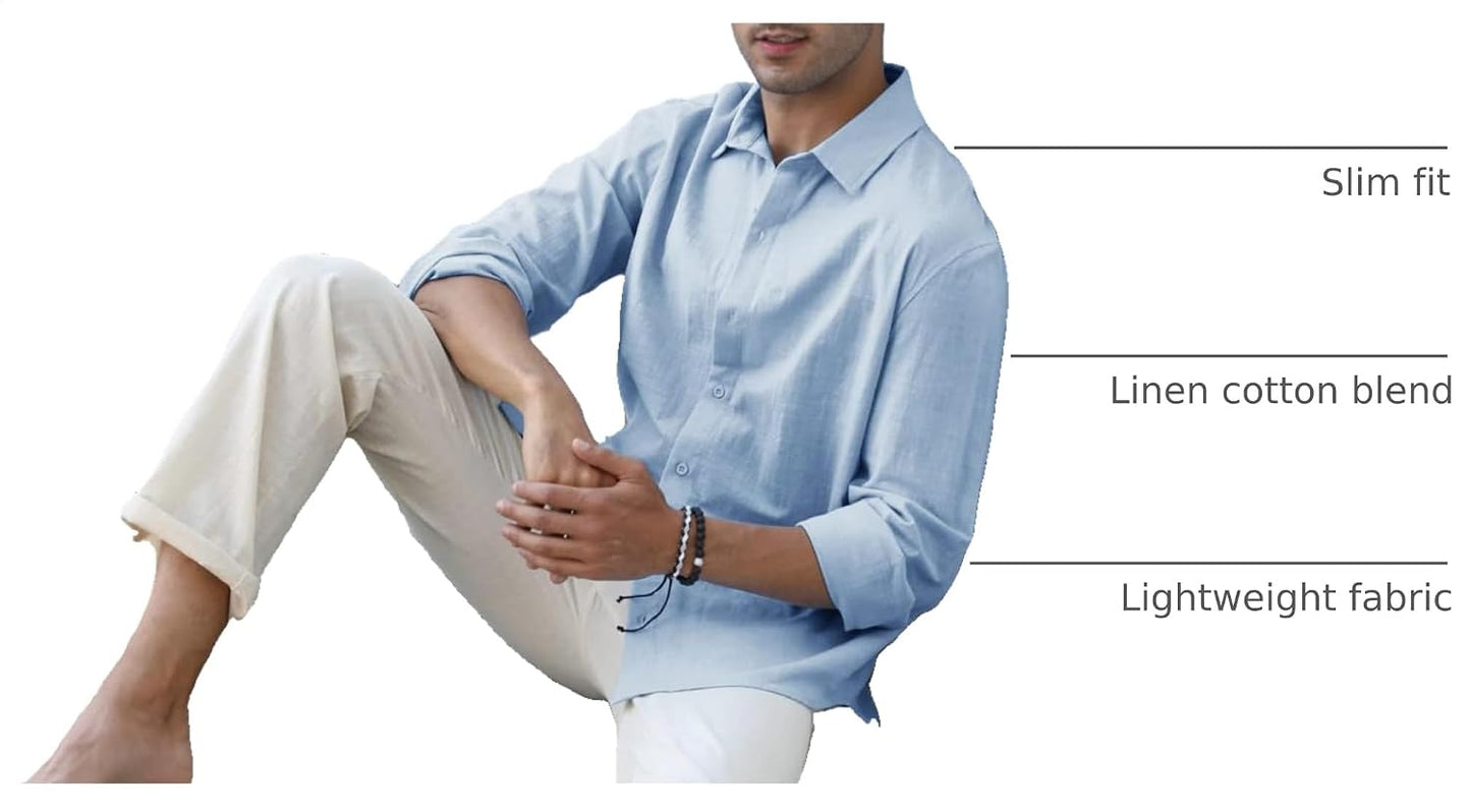 Mens Button down Shirt Linen Cotton Shirts Casual Long Sleeve Tops | Casual,V Neck, Lightweight, Soild Color, Soft, Spread Collar Design, Breathable Fabric, for Summer Beach, Vacation, Wedding