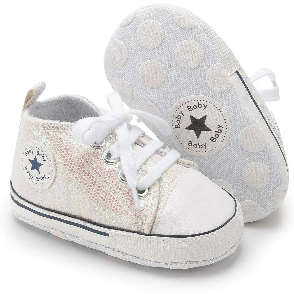 Unisex Baby High Top Sneakers Soft Non Slip Sole Newborn Toddler Canvas Denim First Walker Shoes