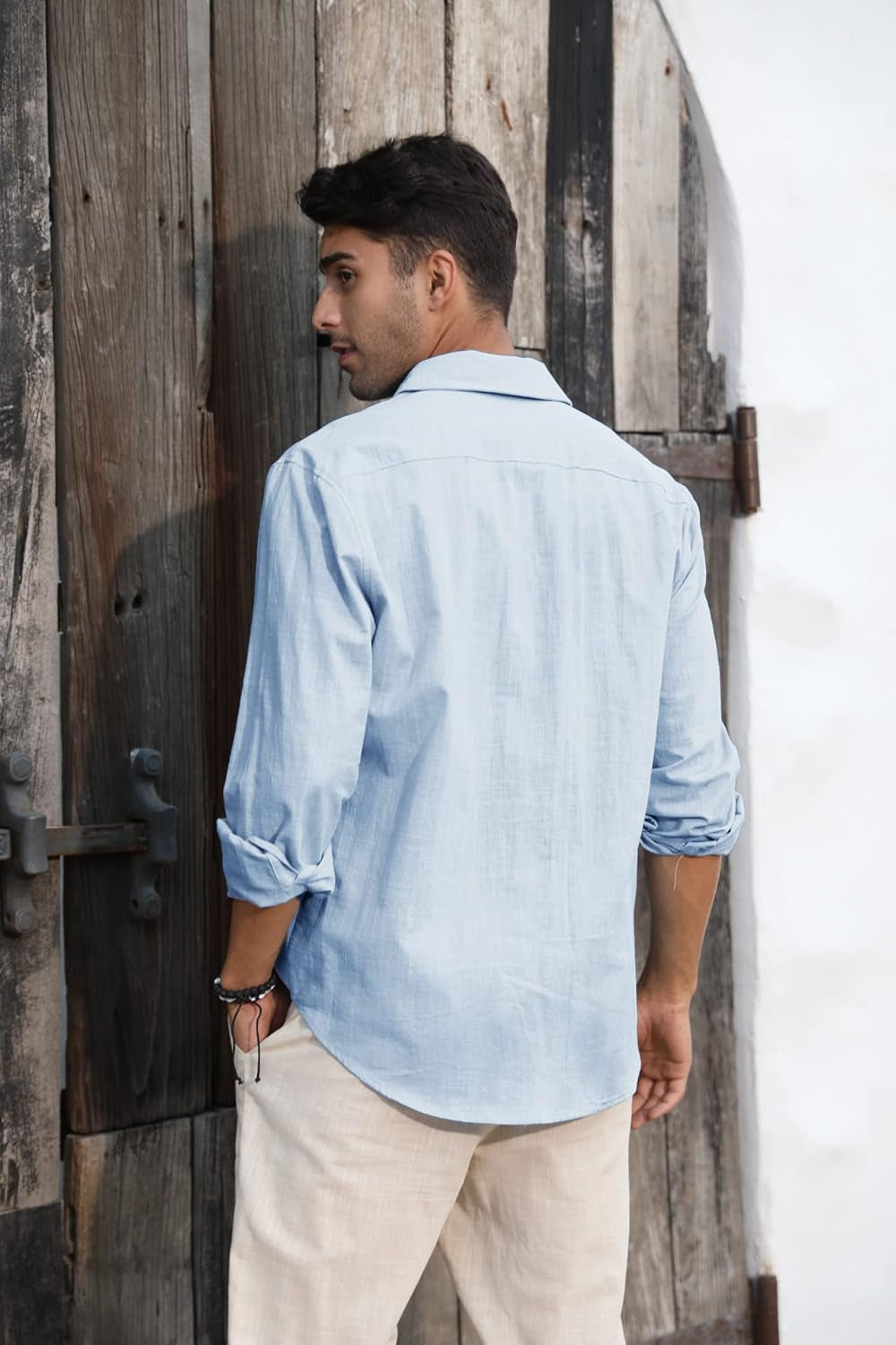 Mens Button down Shirt Linen Cotton Shirts Casual Long Sleeve Tops | Casual,V Neck, Lightweight, Soild Color, Soft, Spread Collar Design, Breathable Fabric, for Summer Beach, Vacation, Wedding