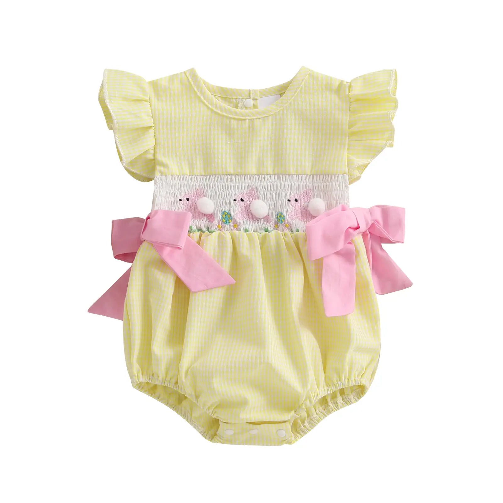 Baby Girls Rompers Easter Clothes Rabbit Embroidery Plaid Fly Sleeve Summer Bodysuits Jumpsuits Plaid Bubble Romper Shamrock Embroidery Irish Day Spring Clothes