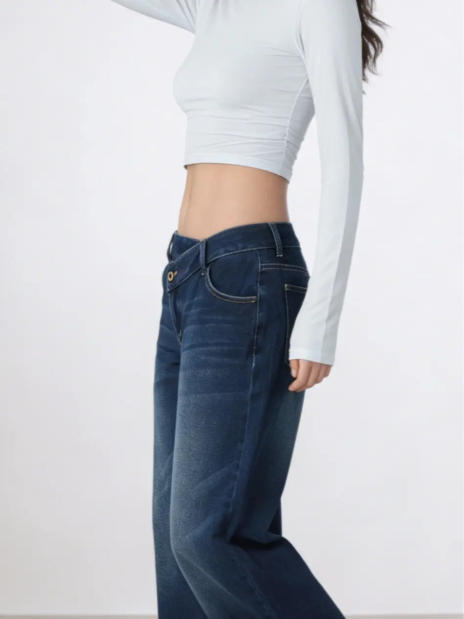 Women'S 2000S Low-Rise Loose Wide-Leg Dark Wash Denim Jeans - Fashion Trouser Pants with Sparkly Rhinestone Cable Print, Slimming Retro Flared Bottoms for Casual Enthusiasts