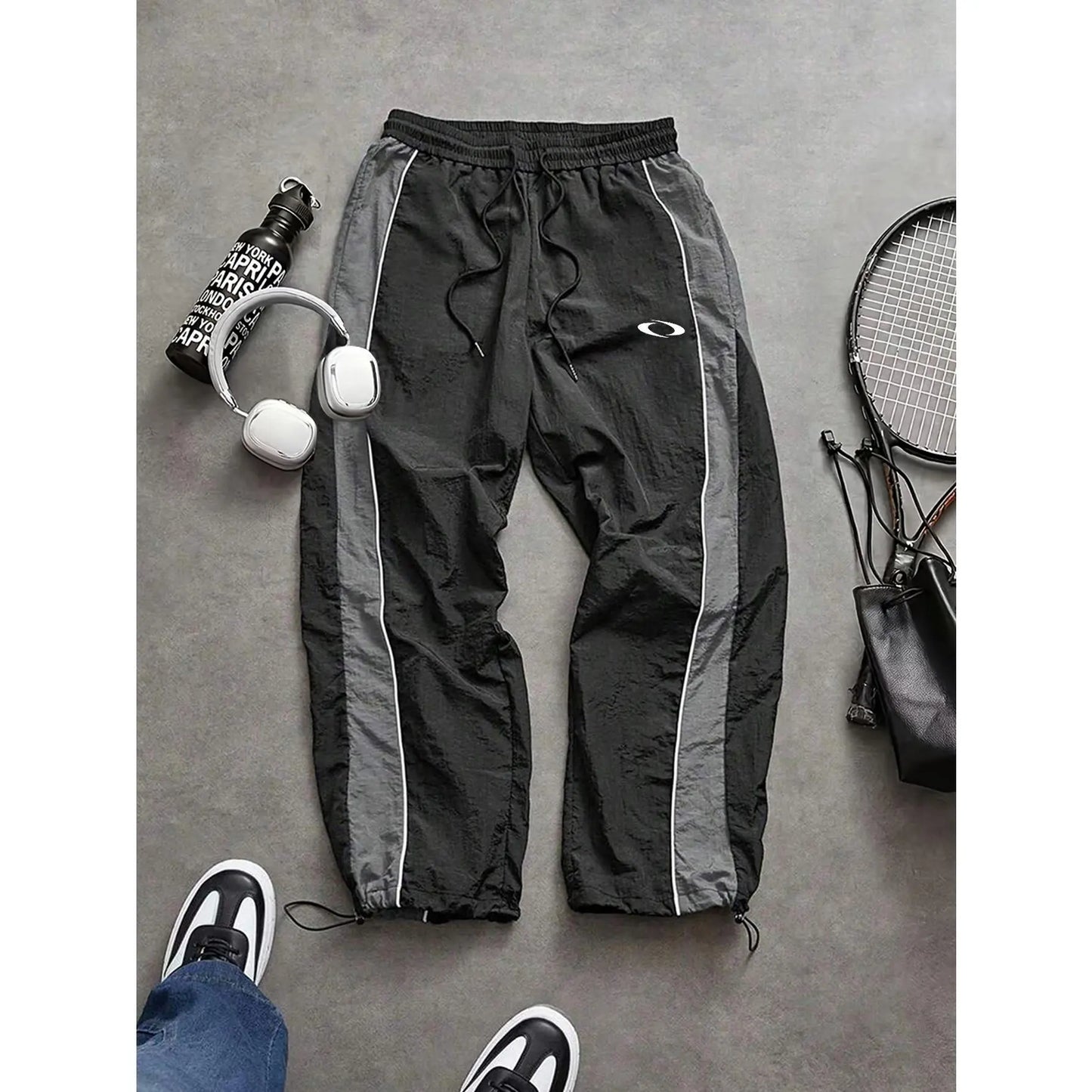 Men'S Casual Streetwear Contrast Color Sporty Long Pants, Windbreaker Pants ,Loose Fit Drawstring Cuff, Fashionable Print, Lightweight Fabric, Athleisure Style Bottoms Pantalones Para Hombre Pants for Men Cargo Pants for Men Pantalones De Trabajo Hombre O