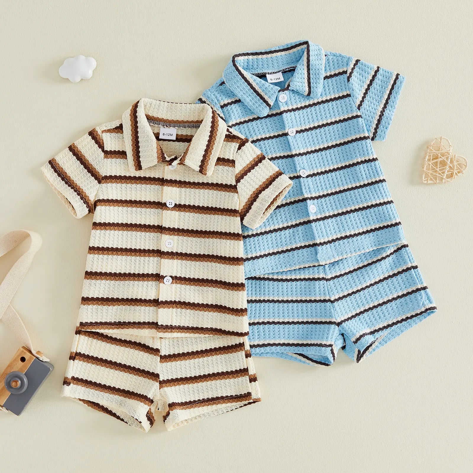 Kupretty Toddler Baby Boy Outfit Striped/Solid Collar Lapel Collar Short Sleeve T Shirt Elastic Waist Shorts Set Summer Clothes