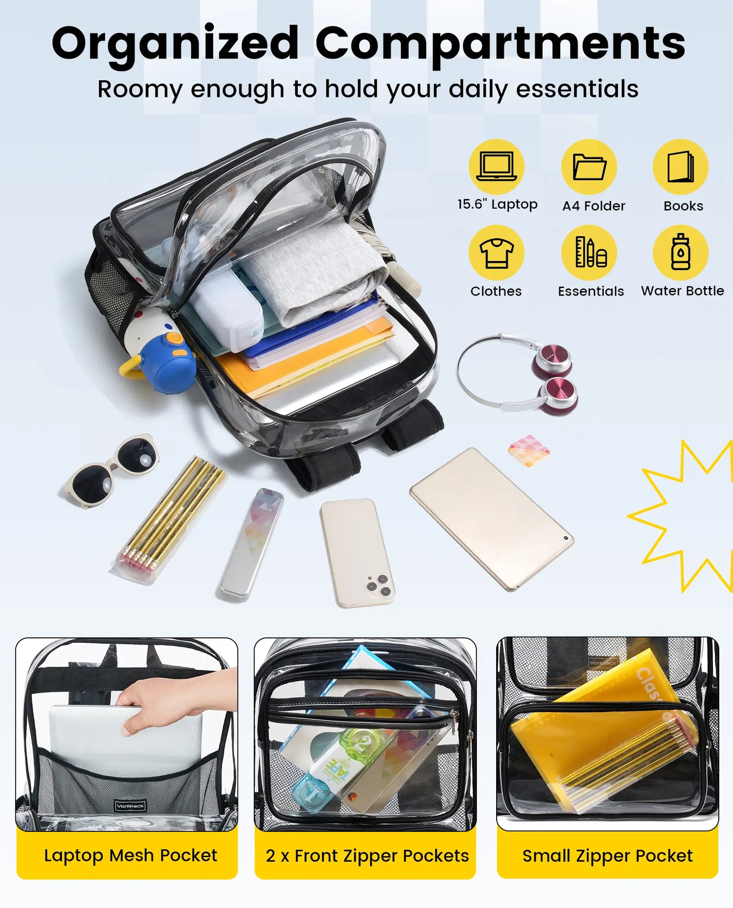 Vorspack Clear Backpack with TSA Lock, Large Clear Bookbag, Black | Heavy Duty See through Backpacks, with Laptop Pocket, 2-Way Zipper, Transparent Clear Bag for School, Work, Travel, Security