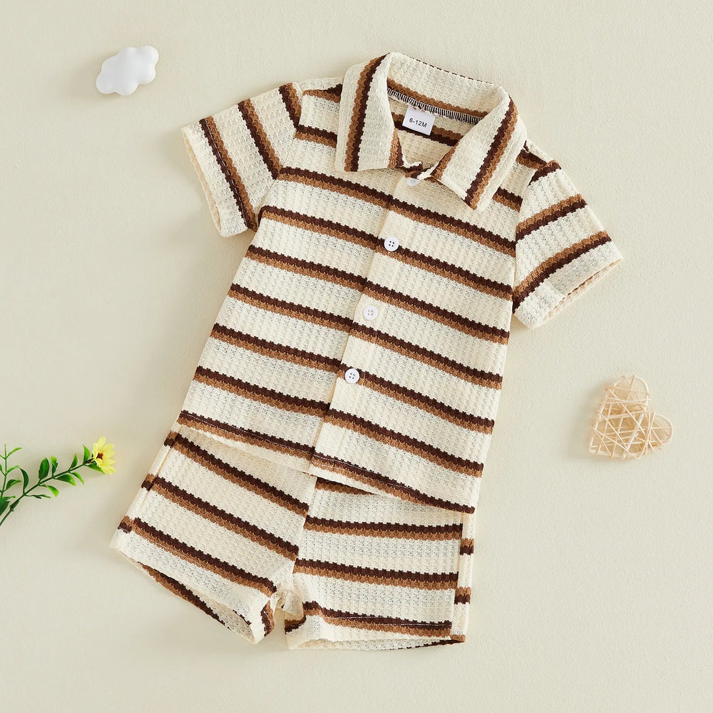 Kupretty Toddler Baby Boy Outfit Striped/Solid Collar Lapel Collar Short Sleeve T Shirt Elastic Waist Shorts Set Summer Clothes