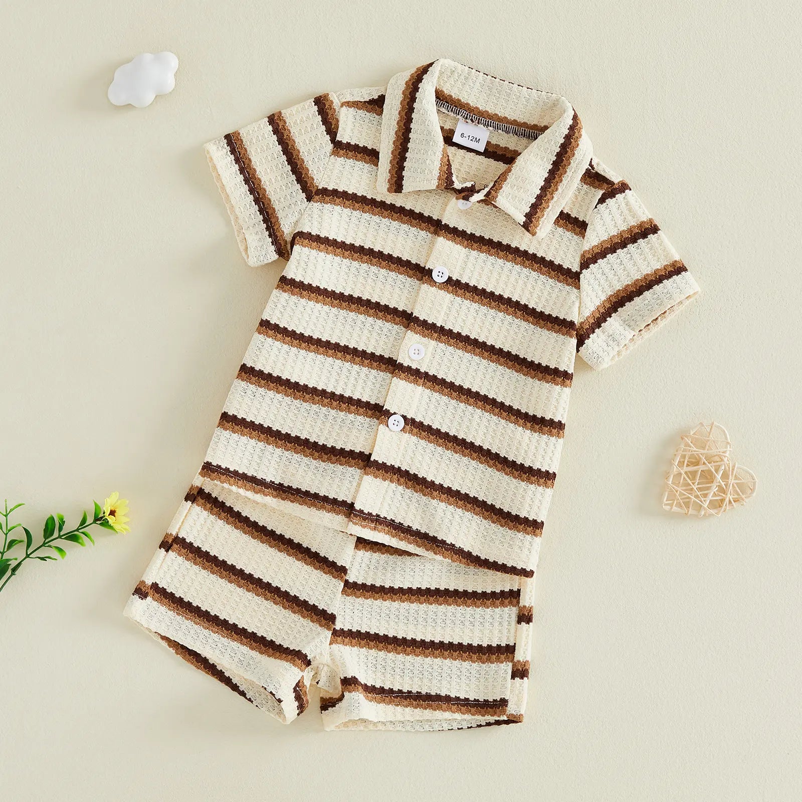 Kupretty Toddler Baby Boy Outfit Striped/Solid Collar Lapel Collar Short Sleeve T Shirt Elastic Waist Shorts Set Summer Clothes