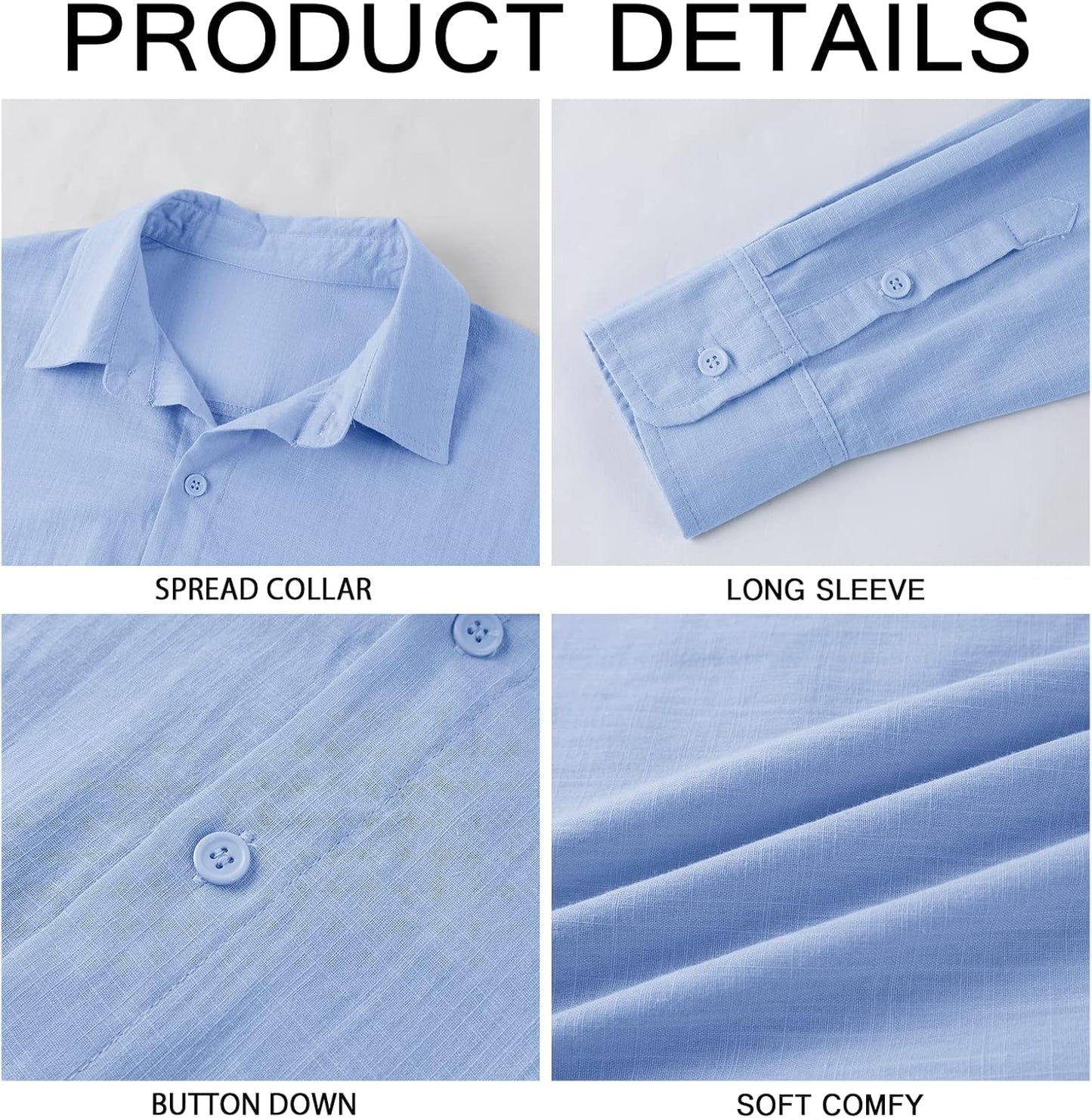 Mens Button down Shirt Linen Cotton Shirts Casual Long Sleeve Tops | Casual,V Neck, Lightweight, Soild Color, Soft, Spread Collar Design, Breathable Fabric, for Summer Beach, Vacation, Wedding