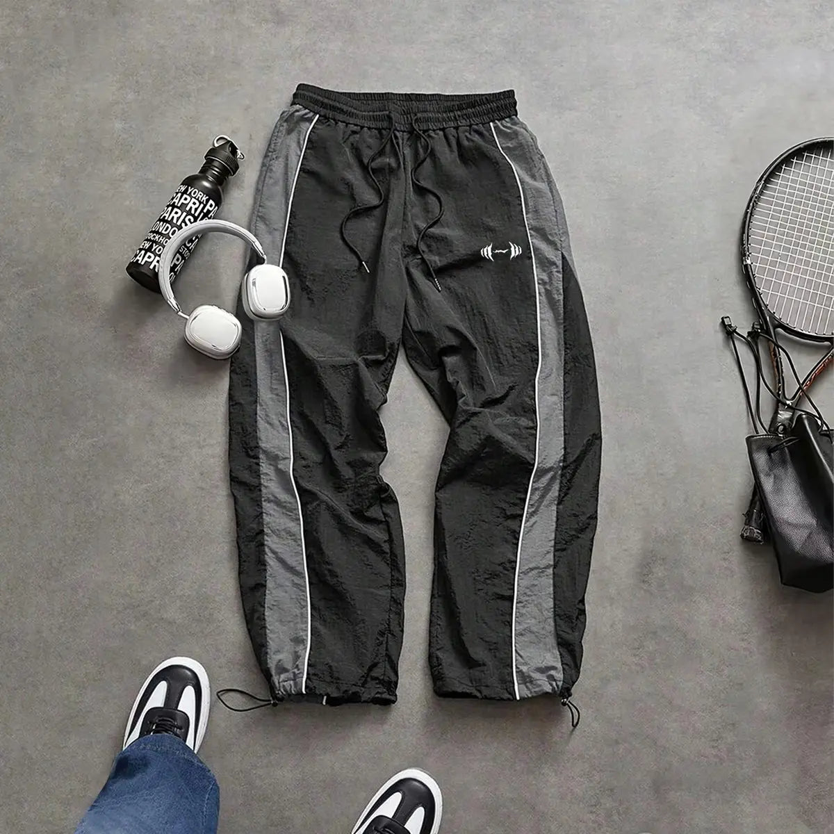 Men'S Casual Streetwear Contrast Color Sporty Long Pants, Windbreaker Pants ,Loose Fit Drawstring Cuff, Fashionable Print, Lightweight Fabric, Athleisure Style Bottoms Pantalones Para Hombre Pants for Men Cargo Pants for Men Pantalones De Trabajo Hombre O