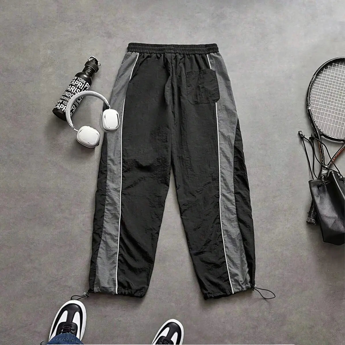 Men'S Casual Streetwear Contrast Color Sporty Long Pants, Windbreaker Pants ,Loose Fit Drawstring Cuff, Fashionable Print, Lightweight Fabric, Athleisure Style Bottoms Pantalones Para Hombre Pants for Men Cargo Pants for Men Pantalones De Trabajo Hombre O