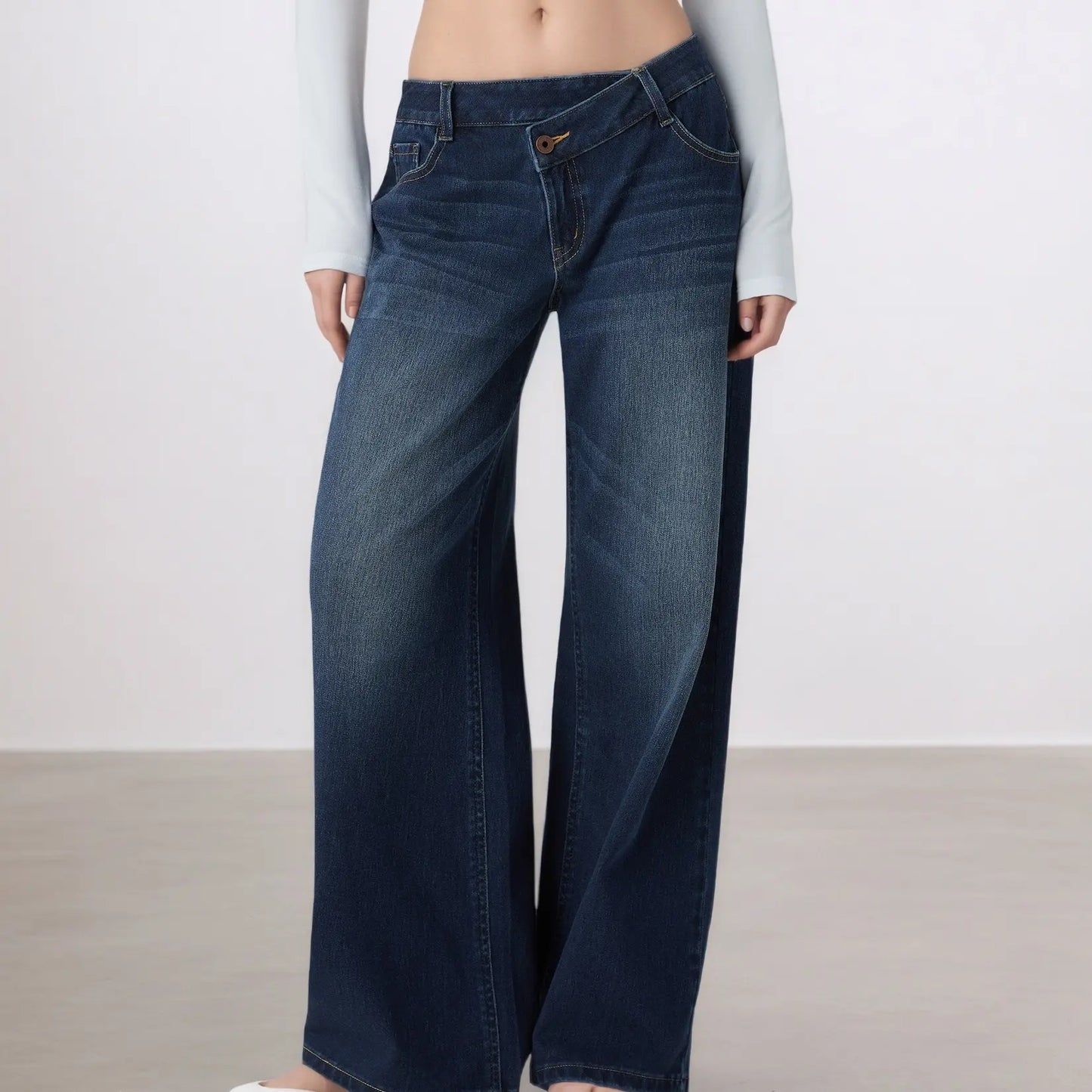 Women'S 2000S Low-Rise Loose Wide-Leg Dark Wash Denim Jeans - Fashion Trouser Pants with Sparkly Rhinestone Cable Print, Slimming Retro Flared Bottoms for Casual Enthusiasts