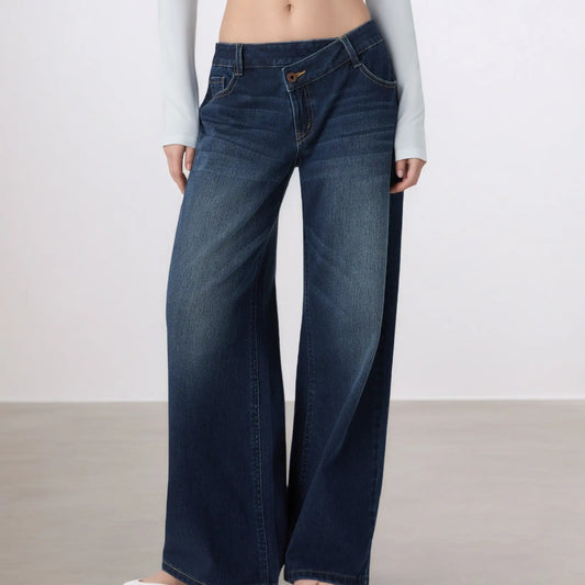 Women'S 2000S Low-Rise Loose Wide-Leg Dark Wash Denim Jeans - Fashion Trouser Pants with Sparkly Rhinestone Cable Print, Slimming Retro Flared Bottoms for Casual Enthusiasts