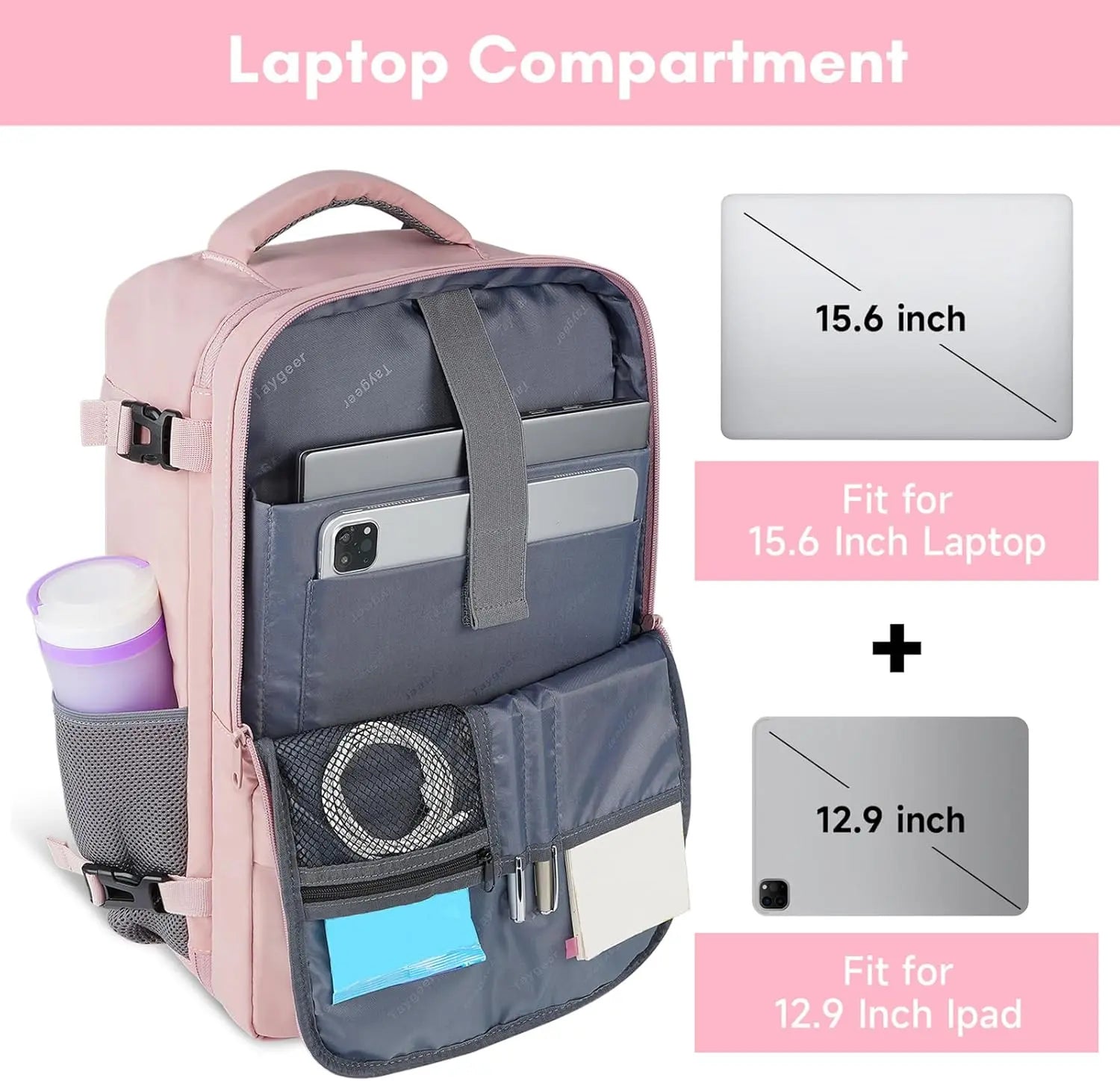 Taygeer Travel Backpack for Women, Carry on Backpack with USB Charging Port & Shoe Pouch, TSA 15.6Inch Laptop Mochila Flight Approved, Nurse Bag Casual Daypack for Weekender Business Hiking, Pink