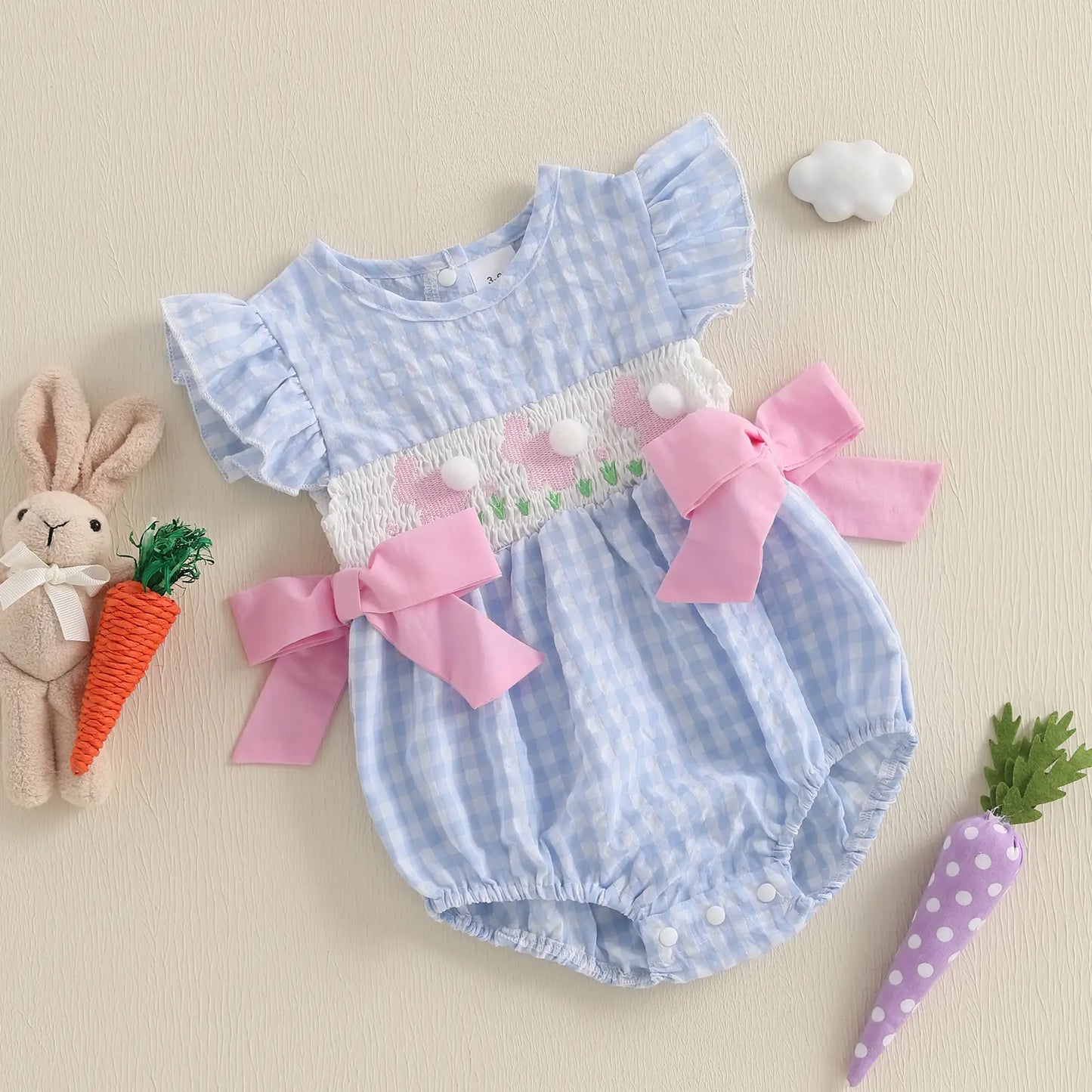 Baby Girls Rompers Easter Clothes Rabbit Embroidery Plaid Fly Sleeve Summer Bodysuits Jumpsuits Plaid Bubble Romper Shamrock Embroidery Irish Day Spring Clothes
