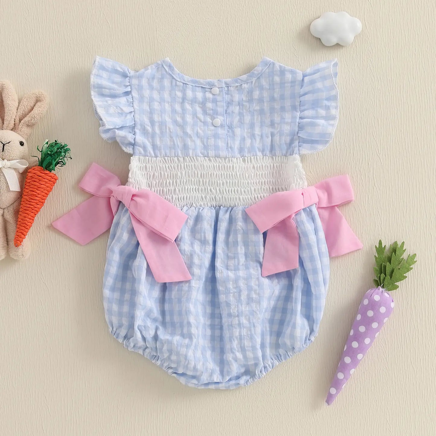 Baby Girls Rompers Easter Clothes Rabbit Embroidery Plaid Fly Sleeve Summer Bodysuits Jumpsuits Plaid Bubble Romper Shamrock Embroidery Irish Day Spring Clothes