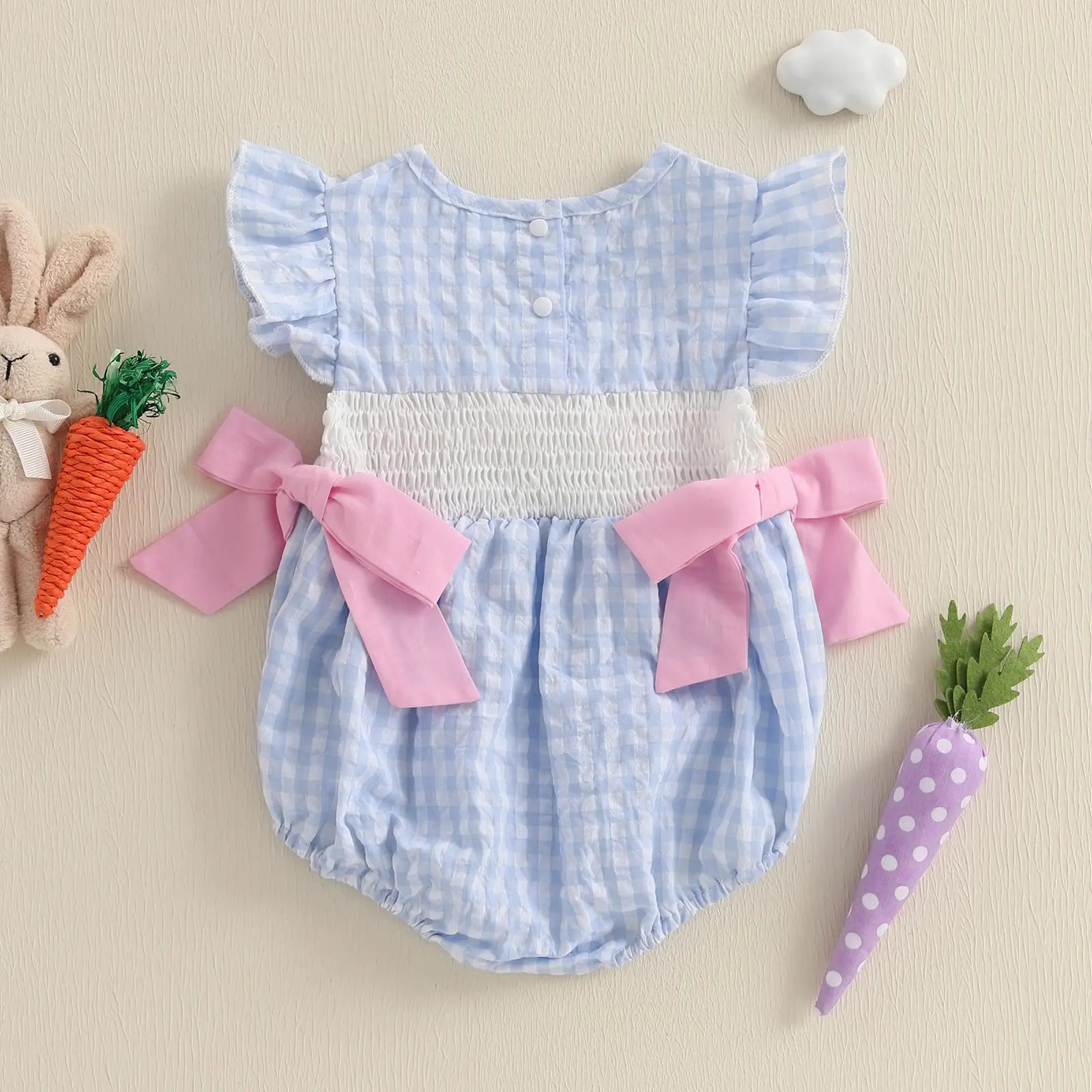 Baby Girls Rompers Easter Clothes Rabbit Embroidery Plaid Fly Sleeve Summer Bodysuits Jumpsuits Plaid Bubble Romper Shamrock Embroidery Irish Day Spring Clothes