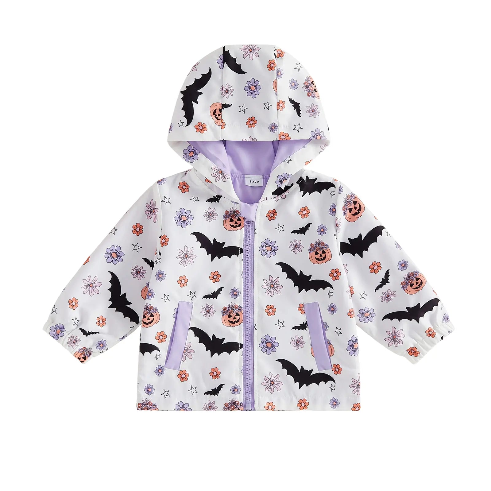 Toddler Baby Little Girl Halloween Jacket Pumpkin Ghost/Flower Bat Print Hooded Long Sleeve Coat Zipper Outerwear Fall 6M-4T
