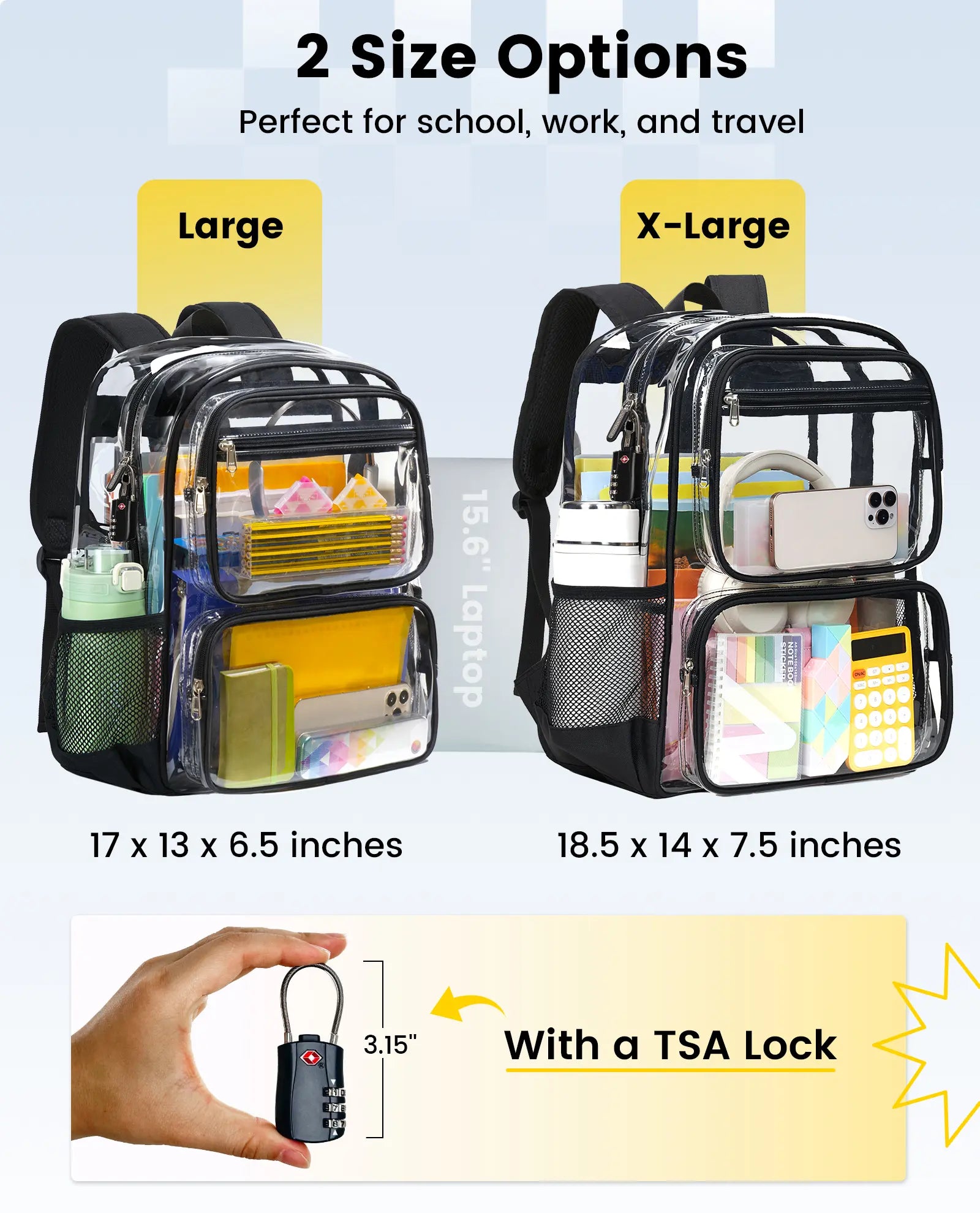Vorspack Clear Backpack with TSA Lock, Large Clear Bookbag, Black | Heavy Duty See through Backpacks, with Laptop Pocket, 2-Way Zipper, Transparent Clear Bag for School, Work, Travel, Security