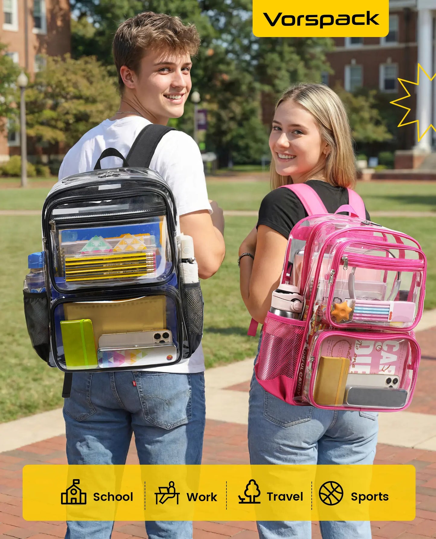 Vorspack Clear Backpack with TSA Lock, Large Clear Bookbag, Black | Heavy Duty See through Backpacks, with Laptop Pocket, 2-Way Zipper, Transparent Clear Bag for School, Work, Travel, Security