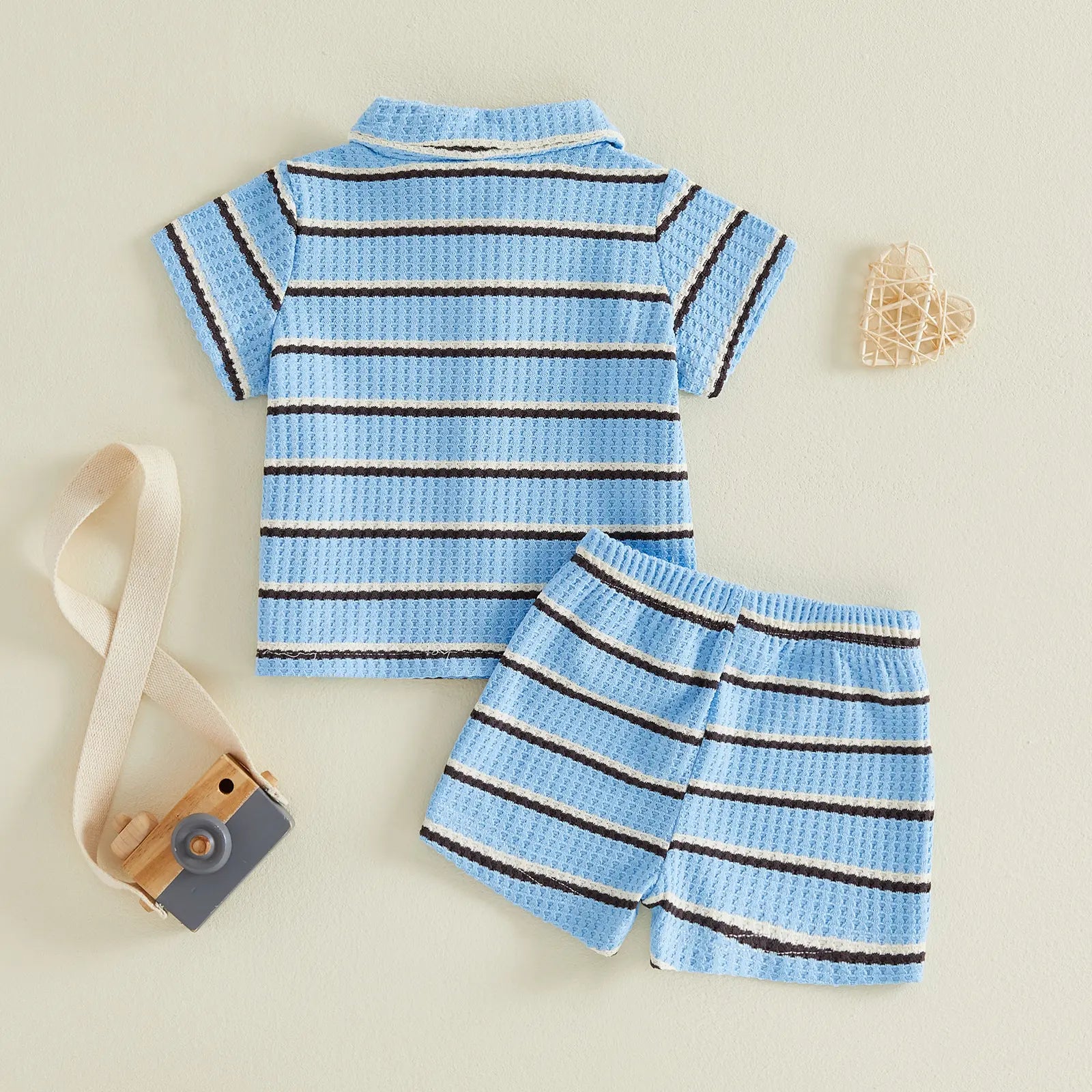 Kupretty Toddler Baby Boy Outfit Striped/Solid Collar Lapel Collar Short Sleeve T Shirt Elastic Waist Shorts Set Summer Clothes