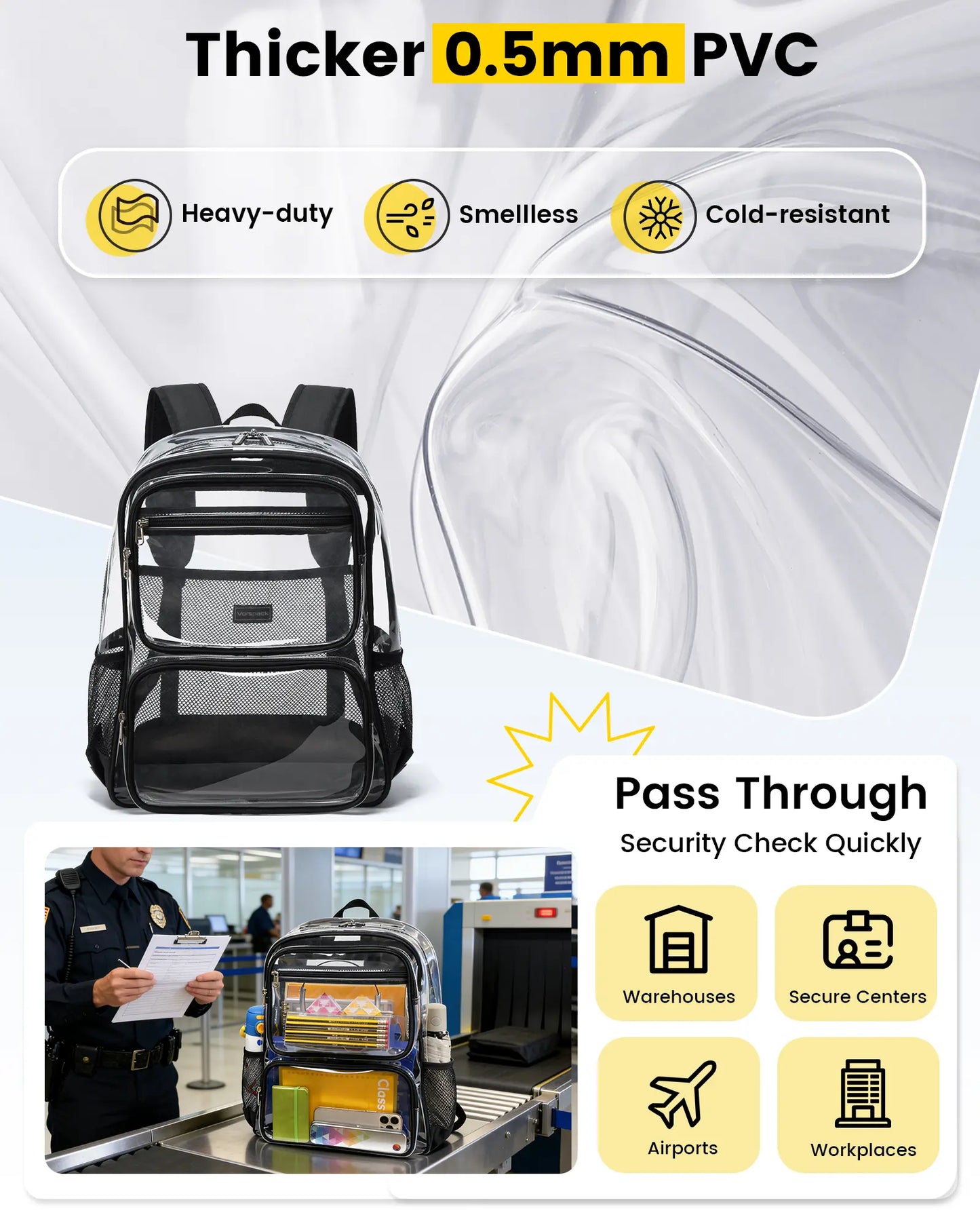Vorspack Clear Backpack with TSA Lock, Large Clear Bookbag, Black | Heavy Duty See through Backpacks, with Laptop Pocket, 2-Way Zipper, Transparent Clear Bag for School, Work, Travel, Security