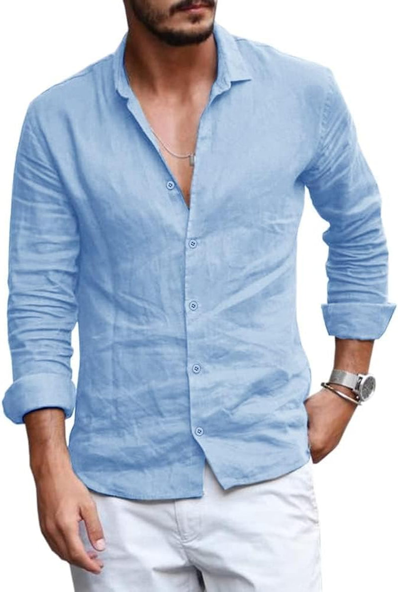 Mens Button down Shirt Linen Cotton Shirts Casual Long Sleeve Tops | Casual,V Neck, Lightweight, Soild Color, Soft, Spread Collar Design, Breathable Fabric, for Summer Beach, Vacation, Wedding