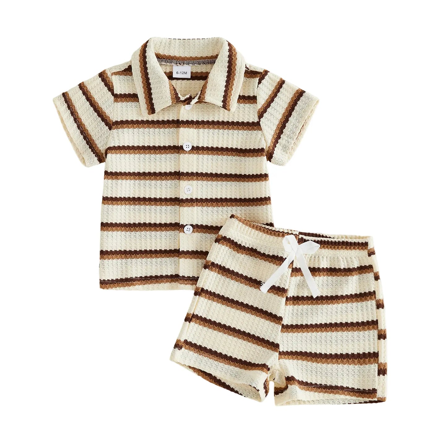 Kupretty Toddler Baby Boy Outfit Striped/Solid Collar Lapel Collar Short Sleeve T Shirt Elastic Waist Shorts Set Summer Clothes