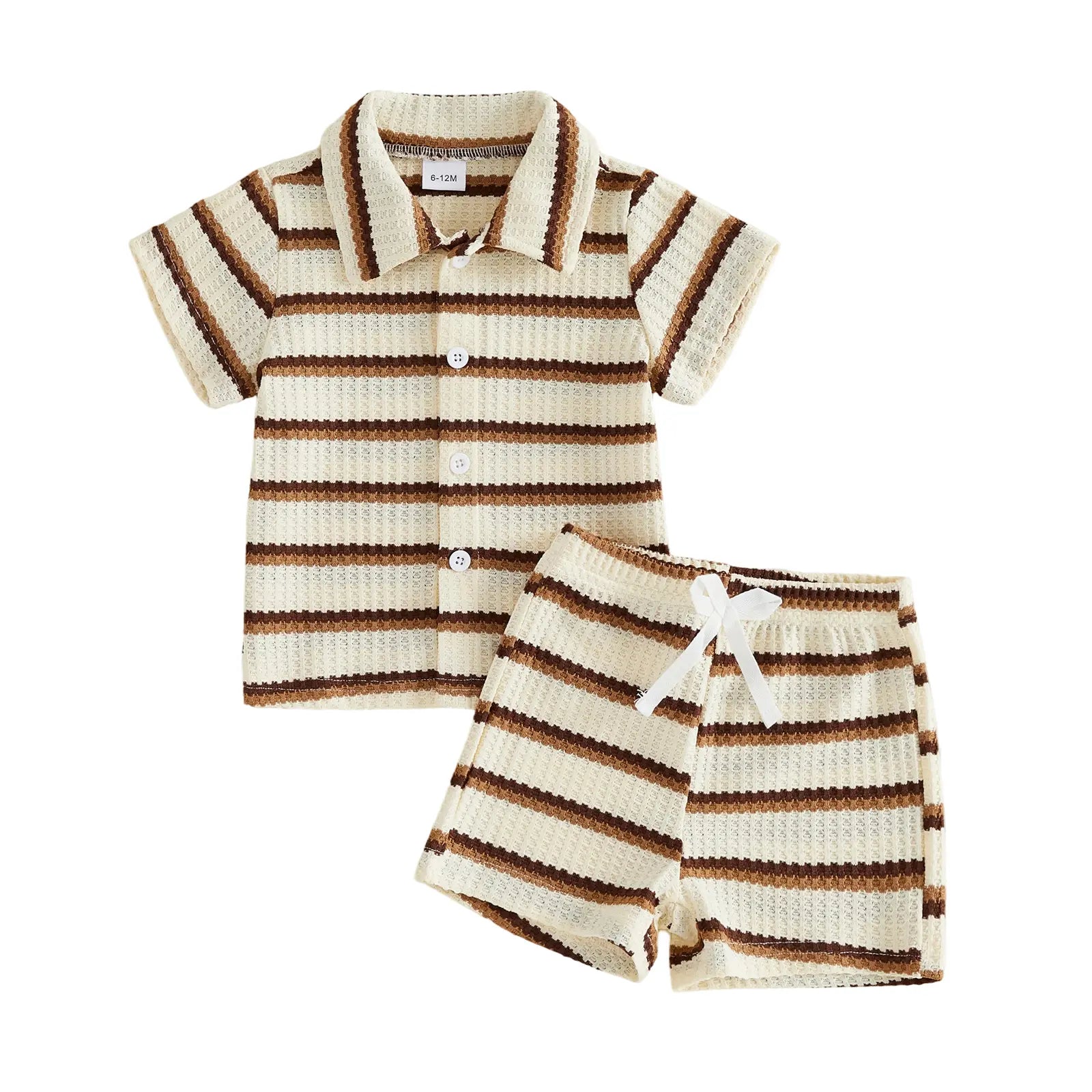 Kupretty Toddler Baby Boy Outfit Striped/Solid Collar Lapel Collar Short Sleeve T Shirt Elastic Waist Shorts Set Summer Clothes
