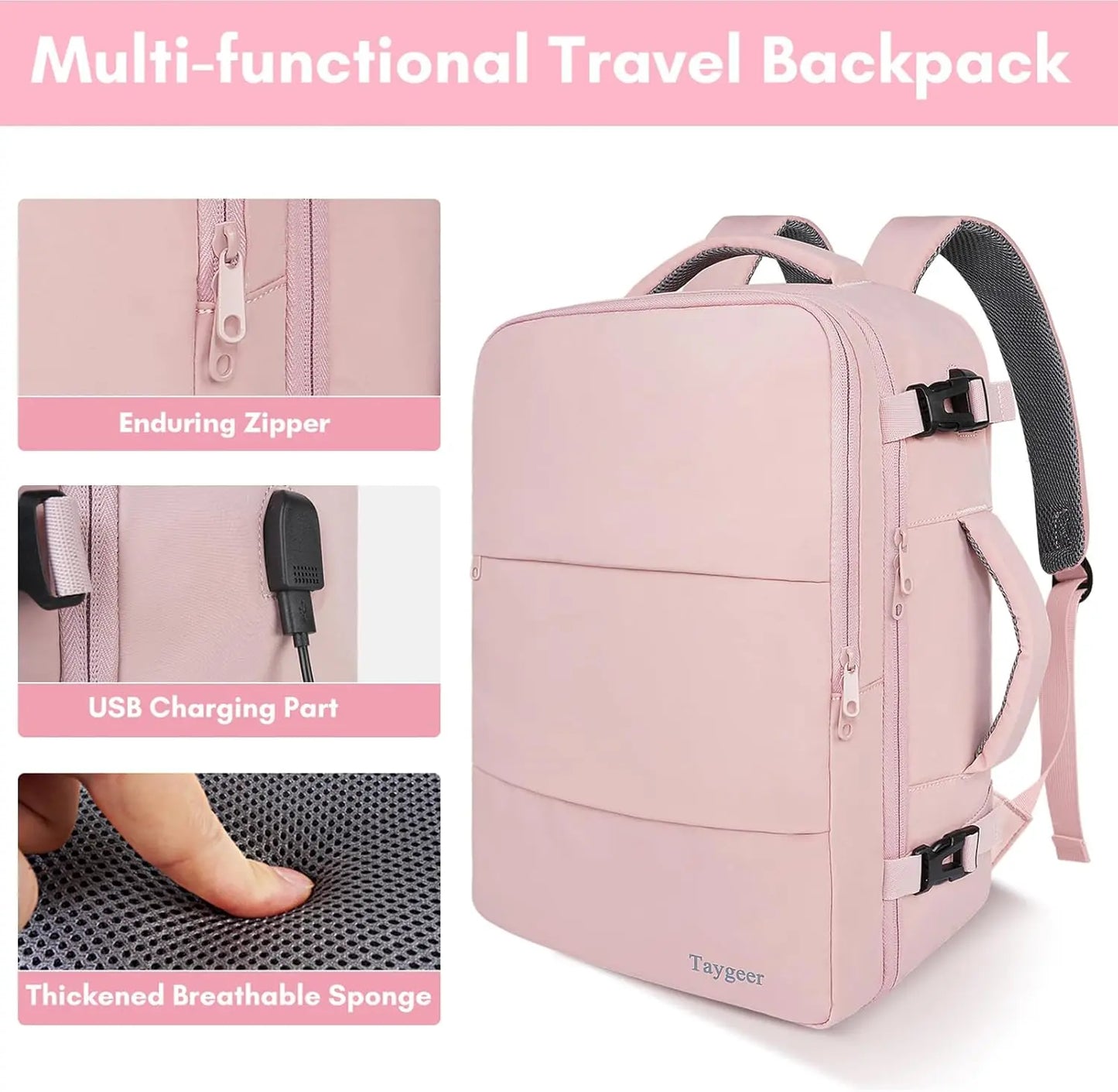 Taygeer Travel Backpack for Women, Carry on Backpack with USB Charging Port & Shoe Pouch, TSA 15.6Inch Laptop Mochila Flight Approved, Nurse Bag Casual Daypack for Weekender Business Hiking, Pink