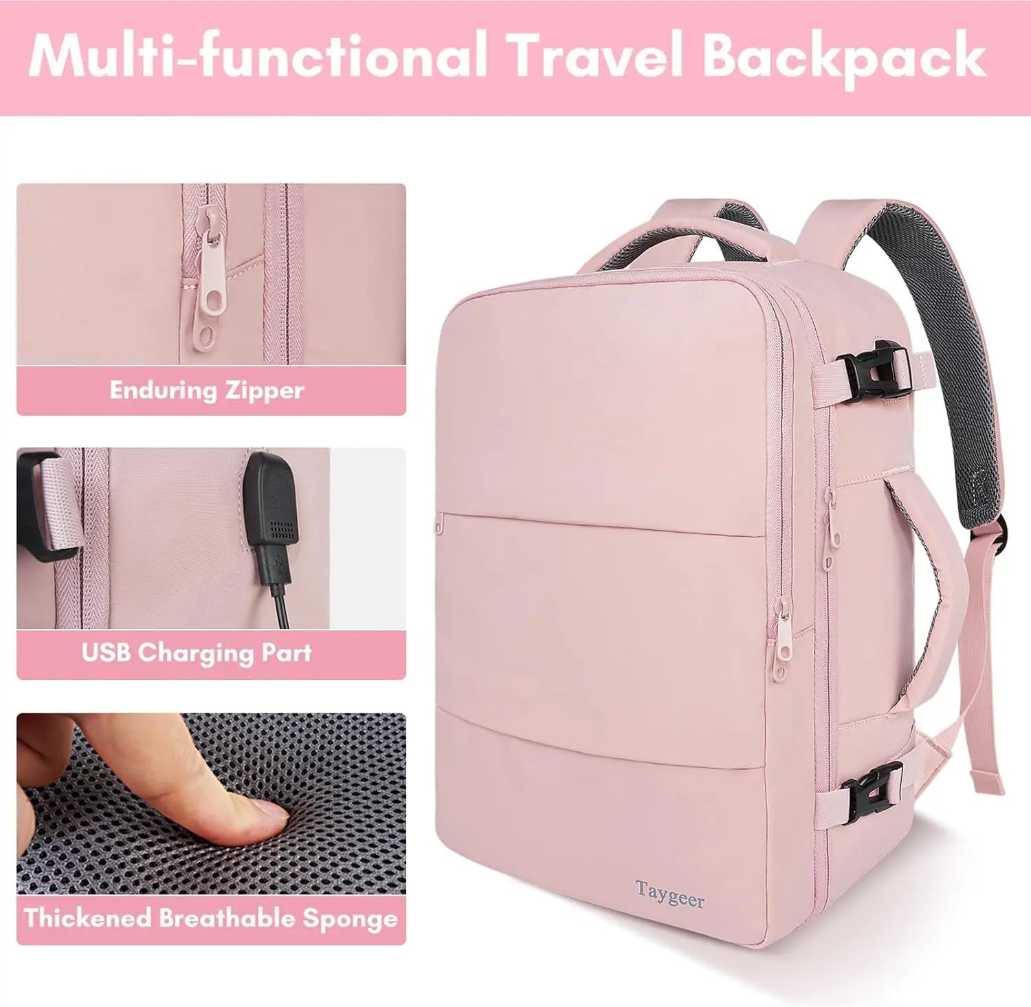 Taygeer Travel Backpack for Women, Carry on Backpack with USB Charging Port & Shoe Pouch, TSA 15.6Inch Laptop Mochila Flight Approved, Nurse Bag Casual Daypack for Weekender Business Hiking, Pink
