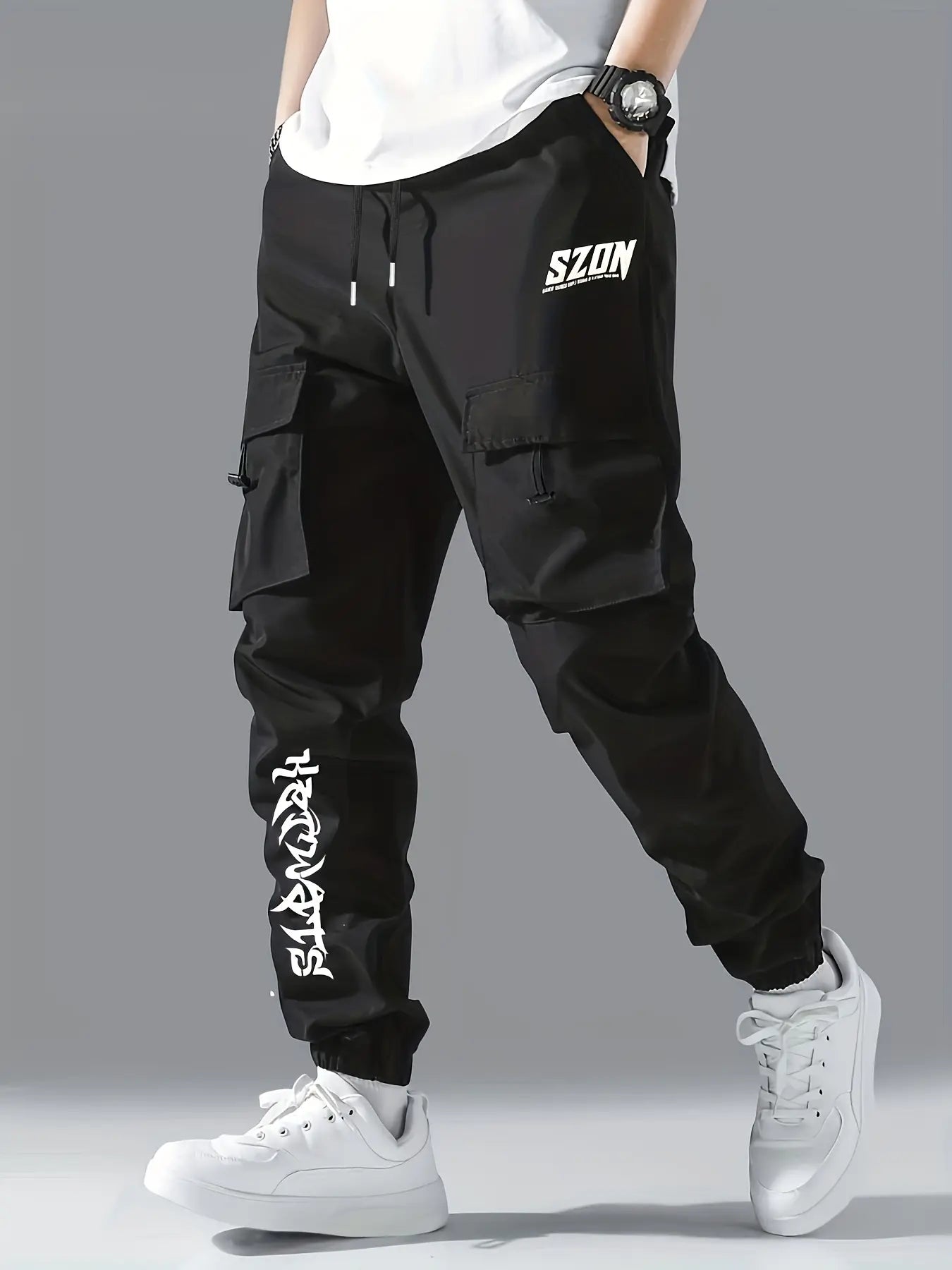 Men'S Casual Letter Print Multi-Pocket Cargo Pants Menswear Pantalones Para Hombre Mens Pants