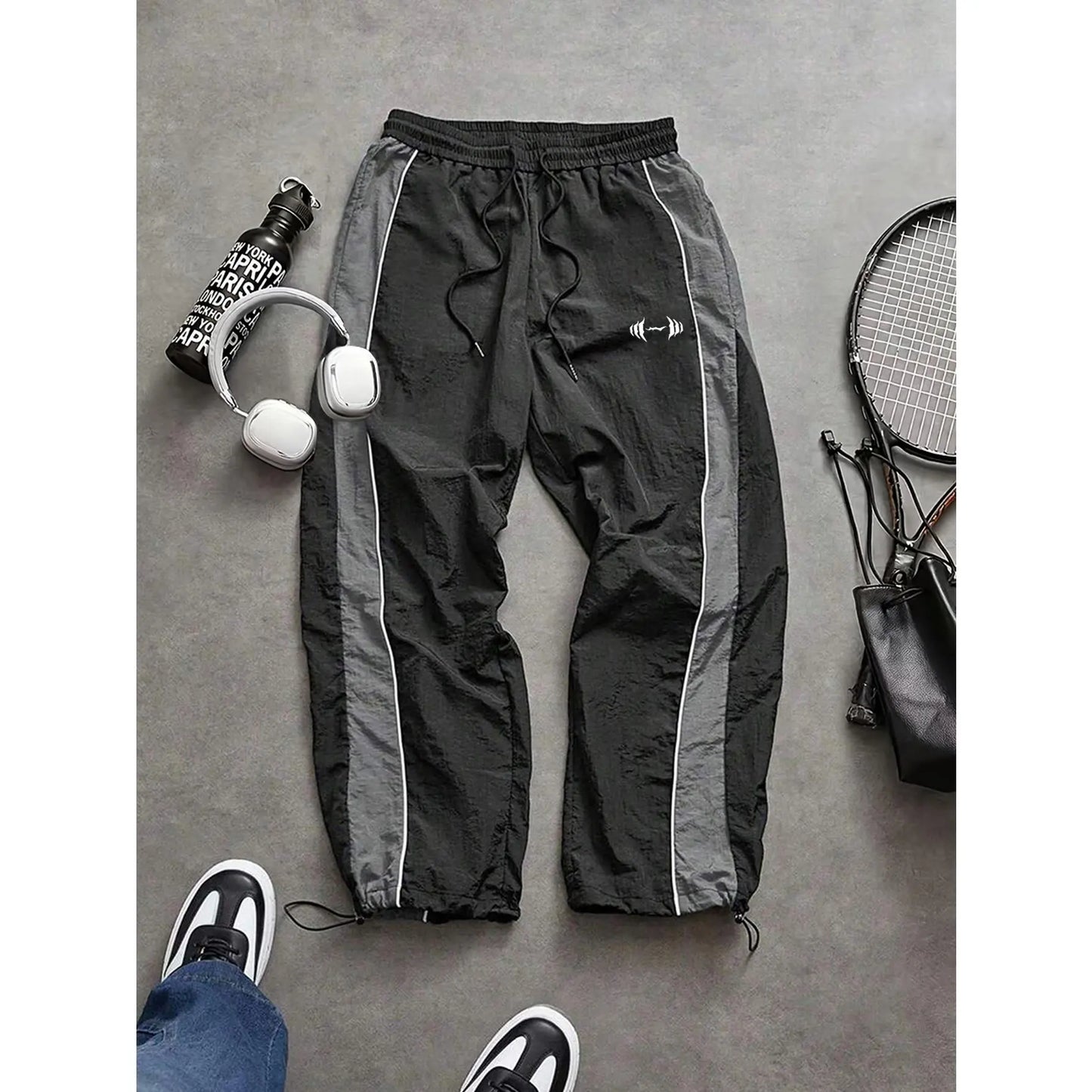 Men'S Casual Streetwear Contrast Color Sporty Long Pants, Windbreaker Pants ,Loose Fit Drawstring Cuff, Fashionable Print, Lightweight Fabric, Athleisure Style Bottoms Pantalones Para Hombre Pants for Men Cargo Pants for Men Pantalones De Trabajo Hombre O