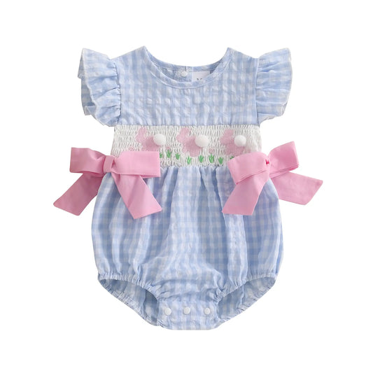 Baby Girls Rompers Easter Clothes Rabbit Embroidery Plaid Fly Sleeve Summer Bodysuits Jumpsuits Plaid Bubble Romper Shamrock Embroidery Irish Day Spring Clothes