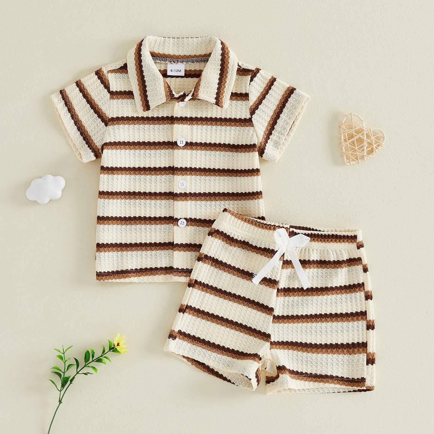 Kupretty Toddler Baby Boy Outfit Striped/Solid Collar Lapel Collar Short Sleeve T Shirt Elastic Waist Shorts Set Summer Clothes