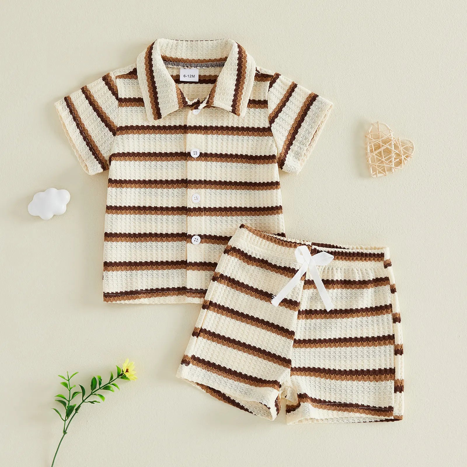 Kupretty Toddler Baby Boy Outfit Striped/Solid Collar Lapel Collar Short Sleeve T Shirt Elastic Waist Shorts Set Summer Clothes