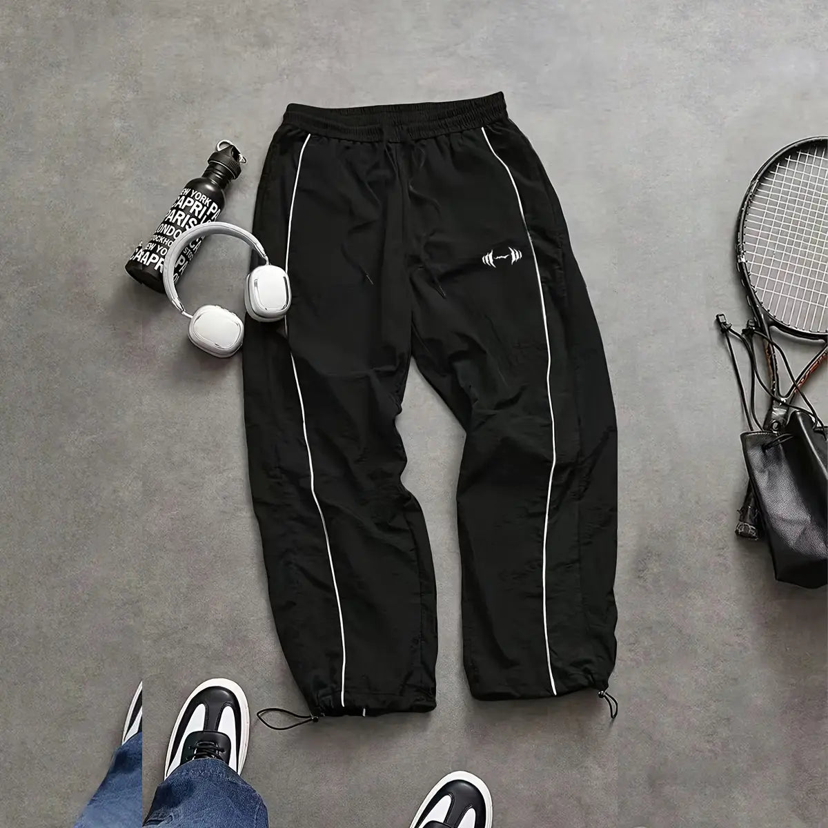 Men'S Casual Streetwear Contrast Color Sporty Long Pants, Windbreaker Pants ,Loose Fit Drawstring Cuff, Fashionable Print, Lightweight Fabric, Athleisure Style Bottoms Pantalones Para Hombre Pants for Men Cargo Pants for Men Pantalones De Trabajo Hombre O