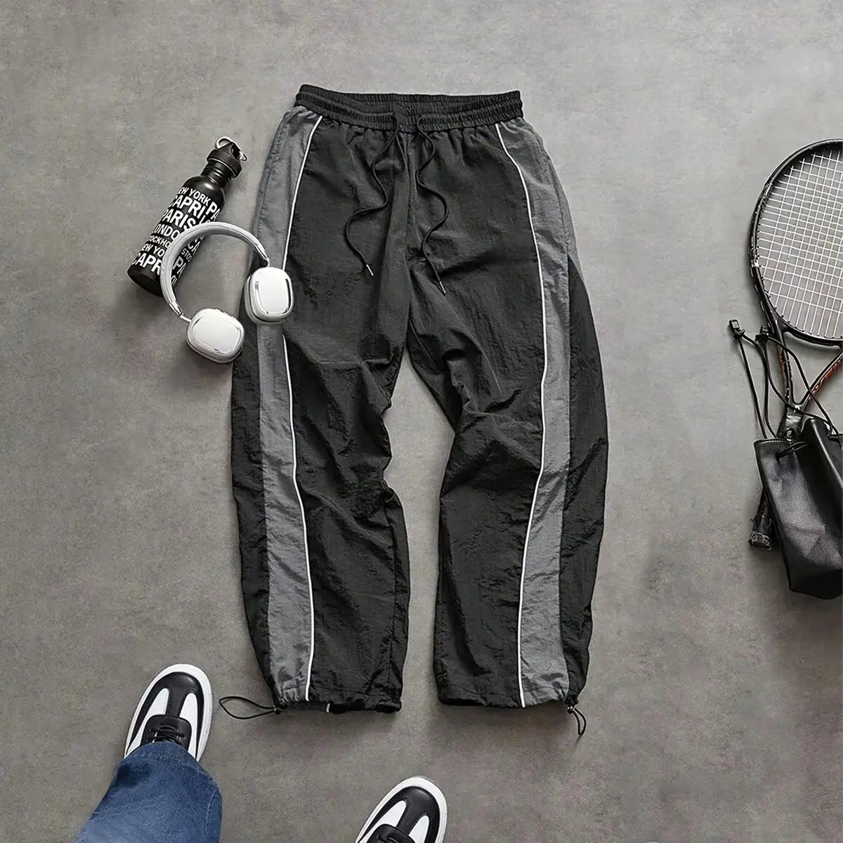 Men'S Casual Streetwear Contrast Color Sporty Long Pants, Windbreaker Pants ,Loose Fit Drawstring Cuff, Fashionable Print, Lightweight Fabric, Athleisure Style Bottoms Pantalones Para Hombre Pants for Men Cargo Pants for Men Pantalones De Trabajo Hombre O