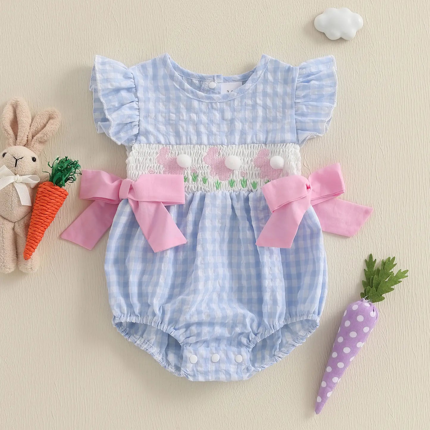 Baby Girls Rompers Easter Clothes Rabbit Embroidery Plaid Fly Sleeve Summer Bodysuits Jumpsuits Plaid Bubble Romper Shamrock Embroidery Irish Day Spring Clothes