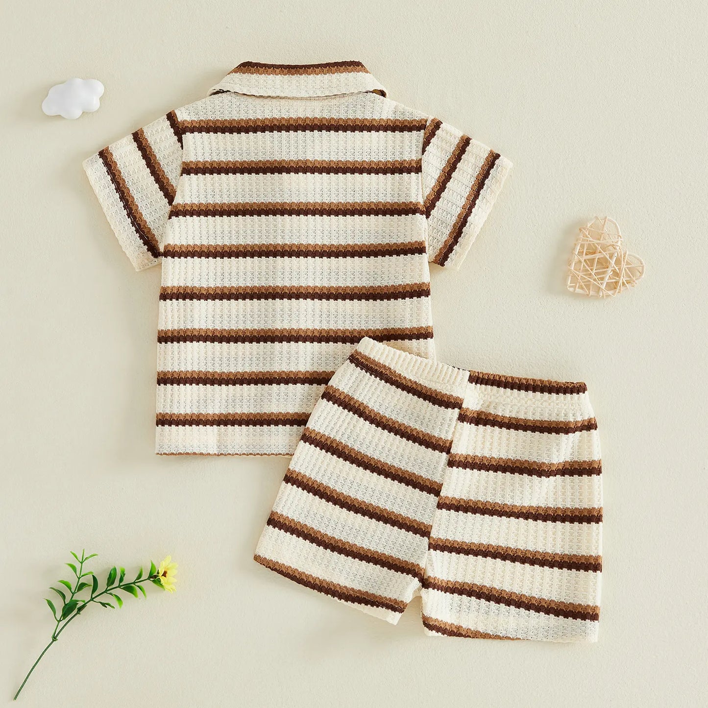 Kupretty Toddler Baby Boy Outfit Striped/Solid Collar Lapel Collar Short Sleeve T Shirt Elastic Waist Shorts Set Summer Clothes